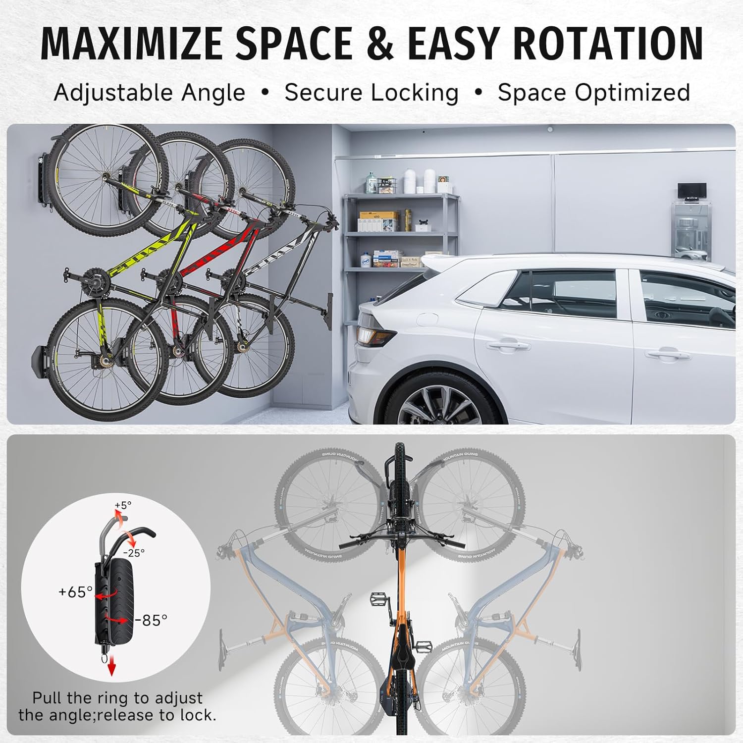 BYHUME Bike Rack Garage,Bike Wall Mount, 150° Swivel & Space-Saving Vertical Bike Hangers for Storage, Sturdy Bike Stand Holds Up to 66lbs, Easy to Install, 2 Pack - Image 4