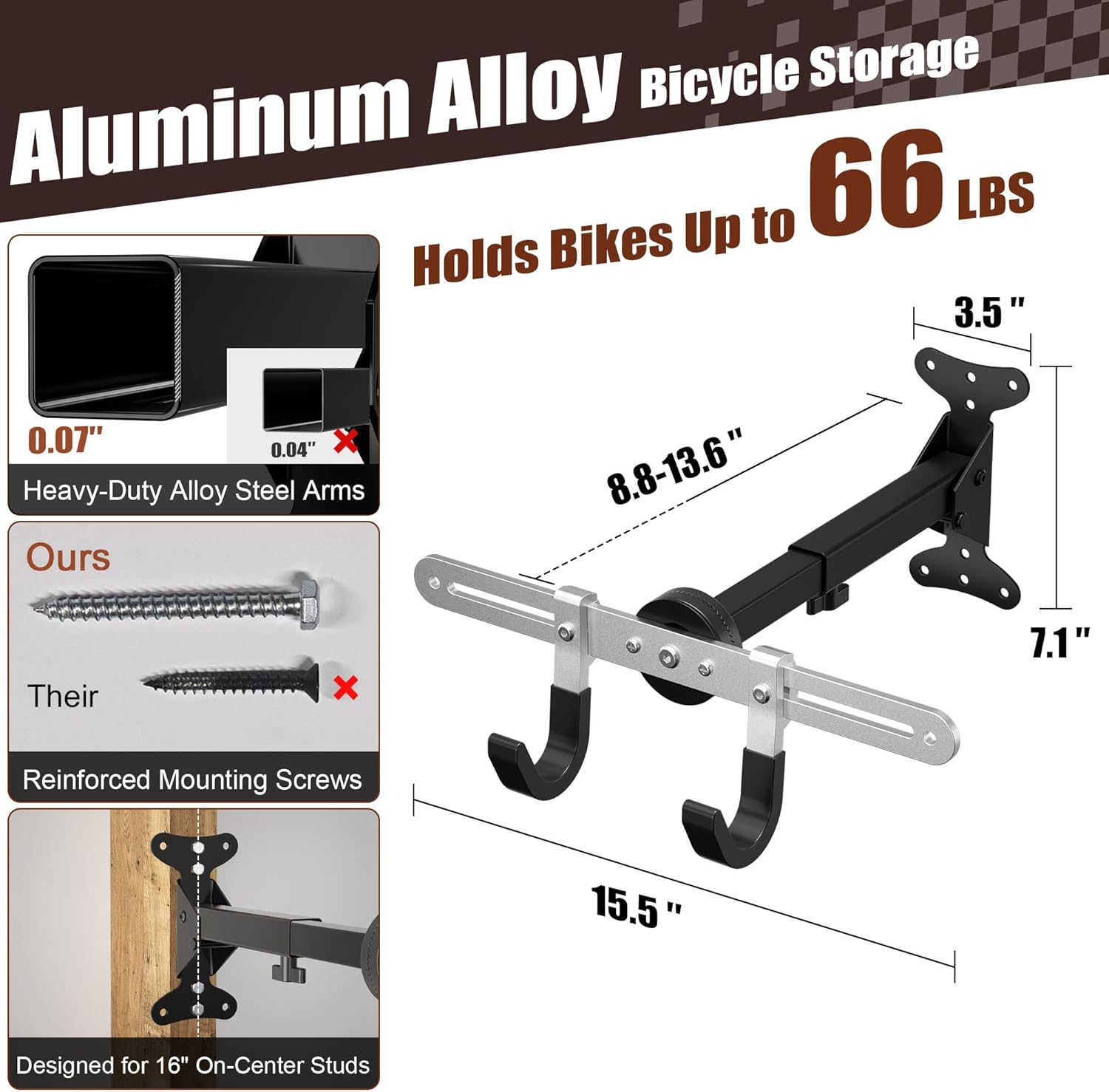 Alternative view of 7S garage Bike Wall Mount Hanger for Garage, Heavy-Duty Durable Aluminum Alloy Horizontal Bicycle Storage Rack with Adjustable Hook, Hold up to 66lbs, for Road Mountain Hybrid Bikes in Garage