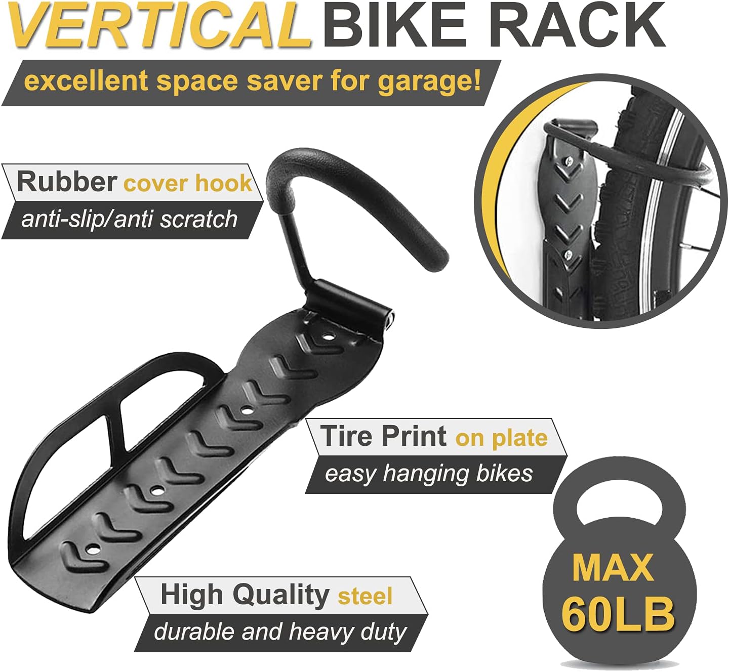 Alternative view of Laxama Bike Rack for Garage Wall Mount 4 Pack Vertical Bike Hooks Bicycle Hanging Hooks for Indoor Storage with Non-reversible Hooks