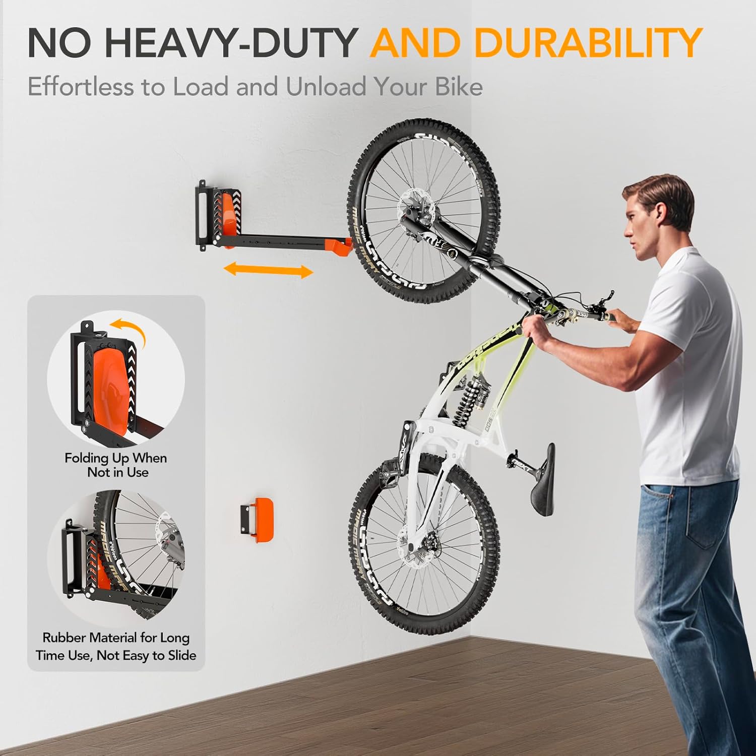 Alternative view of Swivel Bike Rack Wall Mount, Bike Hangers for Garage, Space-Saving Vertical Bike Holder, Holds up to 77 lbs, Bicycle Wall Hanger Storage, No Heavy Lifting Required Indoor Hanging Bike Rack-Orange