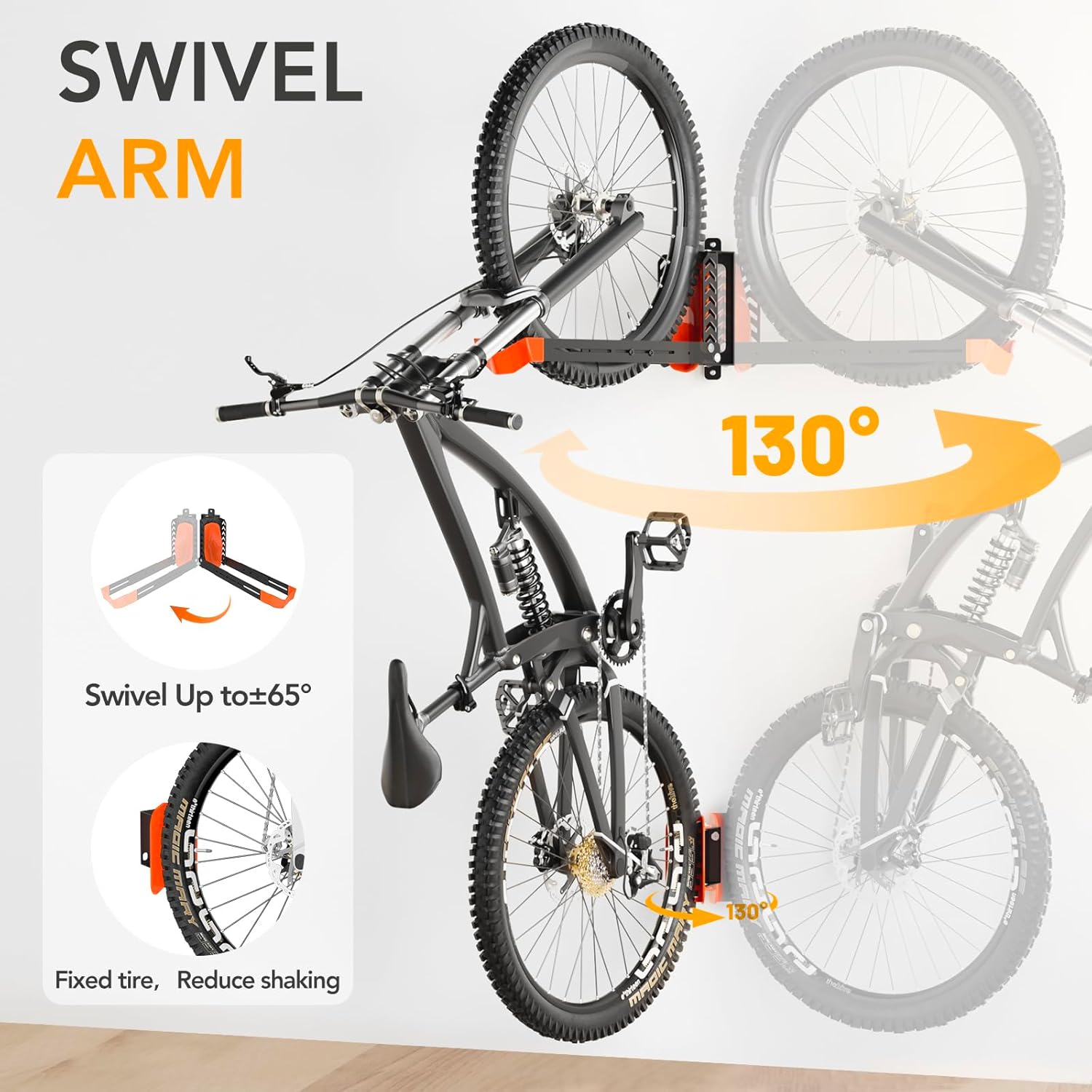 Swivel Bike Rack Wall Mount, Bike Hangers for Garage, Space-Saving Vertical Bike Holder, Holds up to 77 lbs, Bicycle Wall Hanger Storage, No Heavy Lifting Required Indoor Hanging Bike Rack-Orange - Image 3