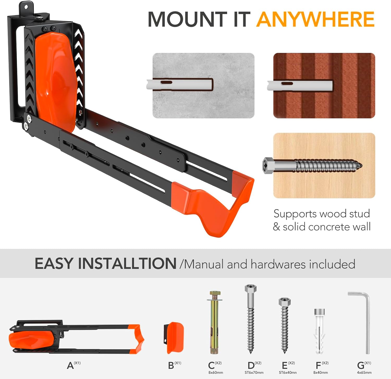 Swivel Bike Rack Wall Mount, Bike Hangers for Garage, Space-Saving Vertical Bike Holder, Holds up to 77 lbs, Bicycle Wall Hanger Storage, No Heavy Lifting Required Indoor Hanging Bike Rack-Orange - Image 4