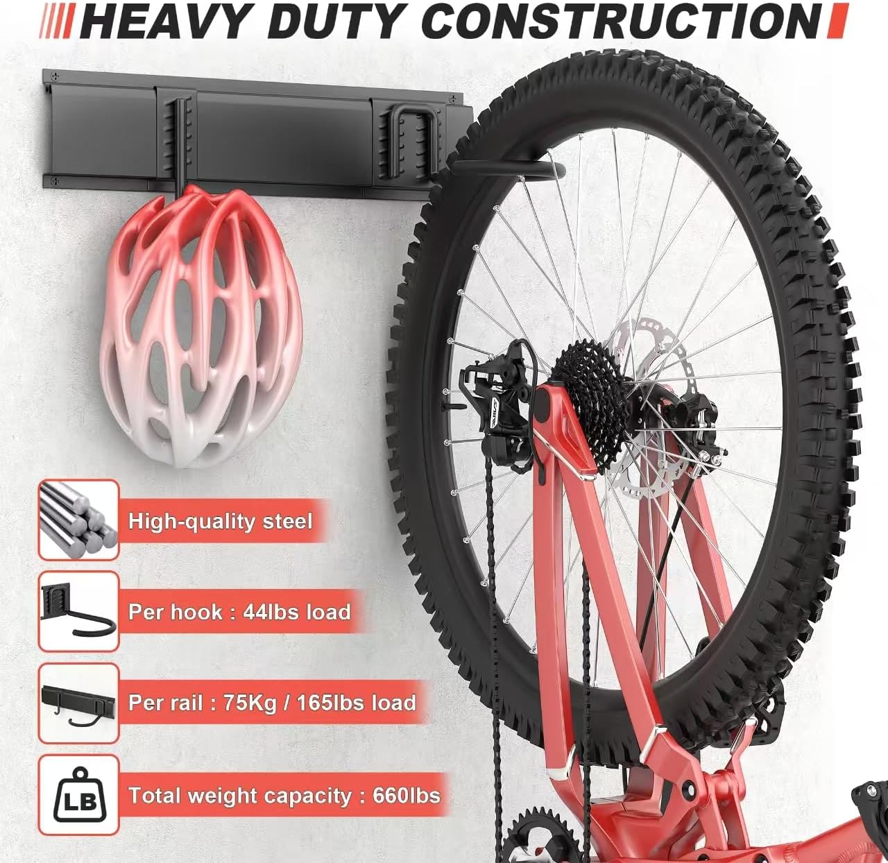 Ultrawall Bike Storage Rack, Wall Mount Bicycle Rack Vertical Bike Hanger for Garage, Home, 6 Bike Racks & 6 Helmet Hooks, Holds Up To 660lbs - Image 3