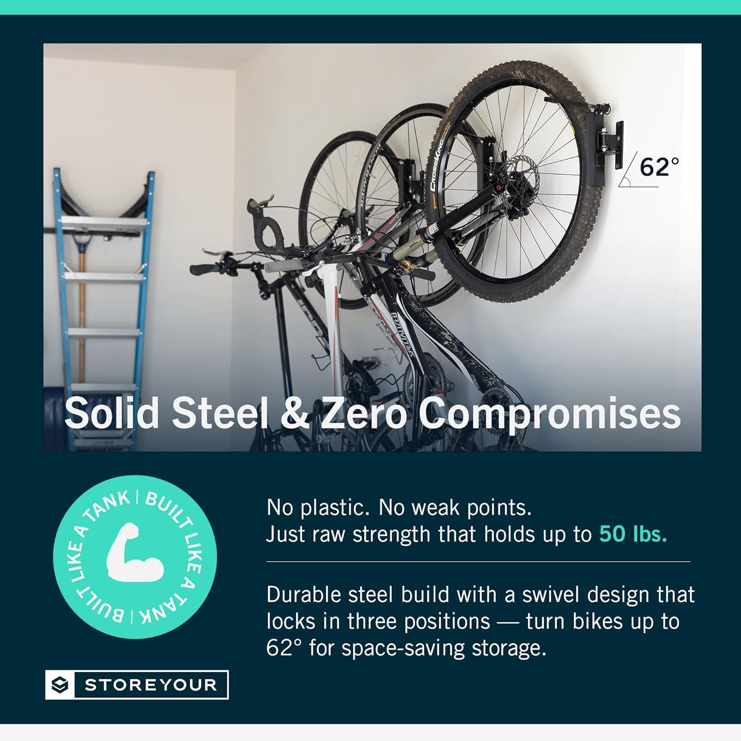 Alternative view of StoreYourBoard Bike Swivel Rack u2013 Wall Mounted Garage Bike Storage, Vertical Bike Rack with 120° Swivel Hanger & Stopper u2013 Space-Saving Bike Rack Garage Mount for Kids Bikes, BMX