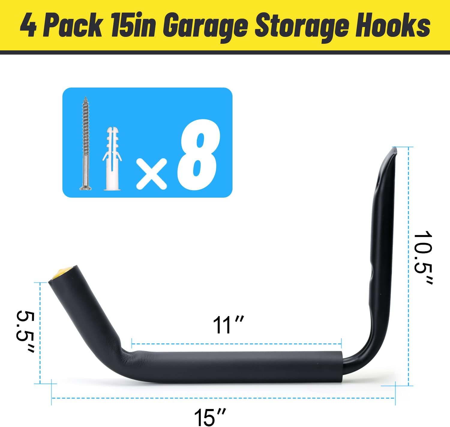 Alternative view of GEEDAR 100 LB Capacity (15") Heavy Duty Garage Storage Hooks (4packs) Kayak Storage Hanger Wall Mounted Rack for Hanging Ladders, Bikes