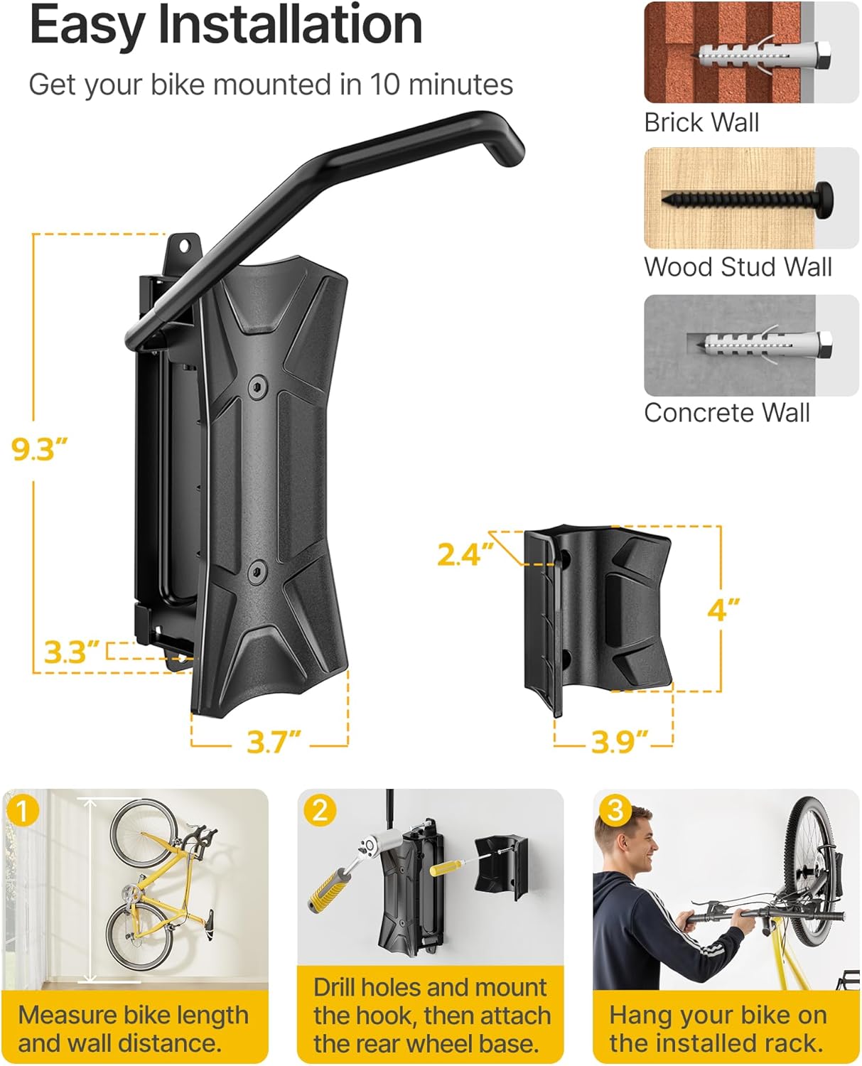 Alternative view of monTEK Bike Wall Mount for 4.5" Tire Width, Swivel Bike Wall Hanger Holds Up to 77lbs, Space-Saving Bike Rack Garage, Heavy Duty Bike Storage for Bedroom Home Office, 2 Pack