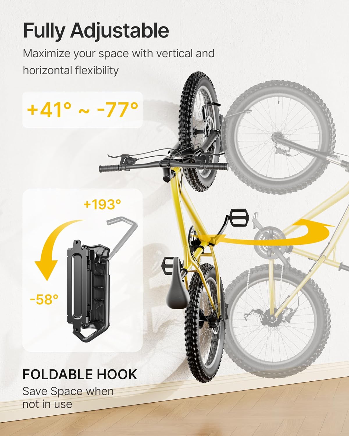 monTEK Bike Wall Mount for 4.5" Tire Width, Swivel Bike Wall Hanger Holds Up to 77lbs, Space-Saving Bike Rack Garage, Heavy Duty Bike Storage for Bedroom Home Office, 2 Pack - Image 4