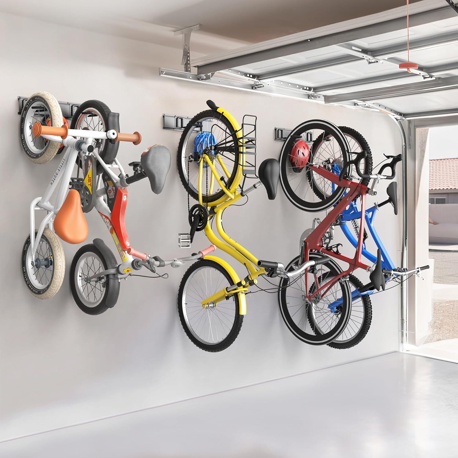 TORACK Wall Mounted Bike Storage Rack, Vertical Bikes Storage for Garage 5 Bikes Hangers for Wall, Modular Bicycle Storage Rack(3 Rails, 5 Bike Hooks, 3 Helmet Hooks)