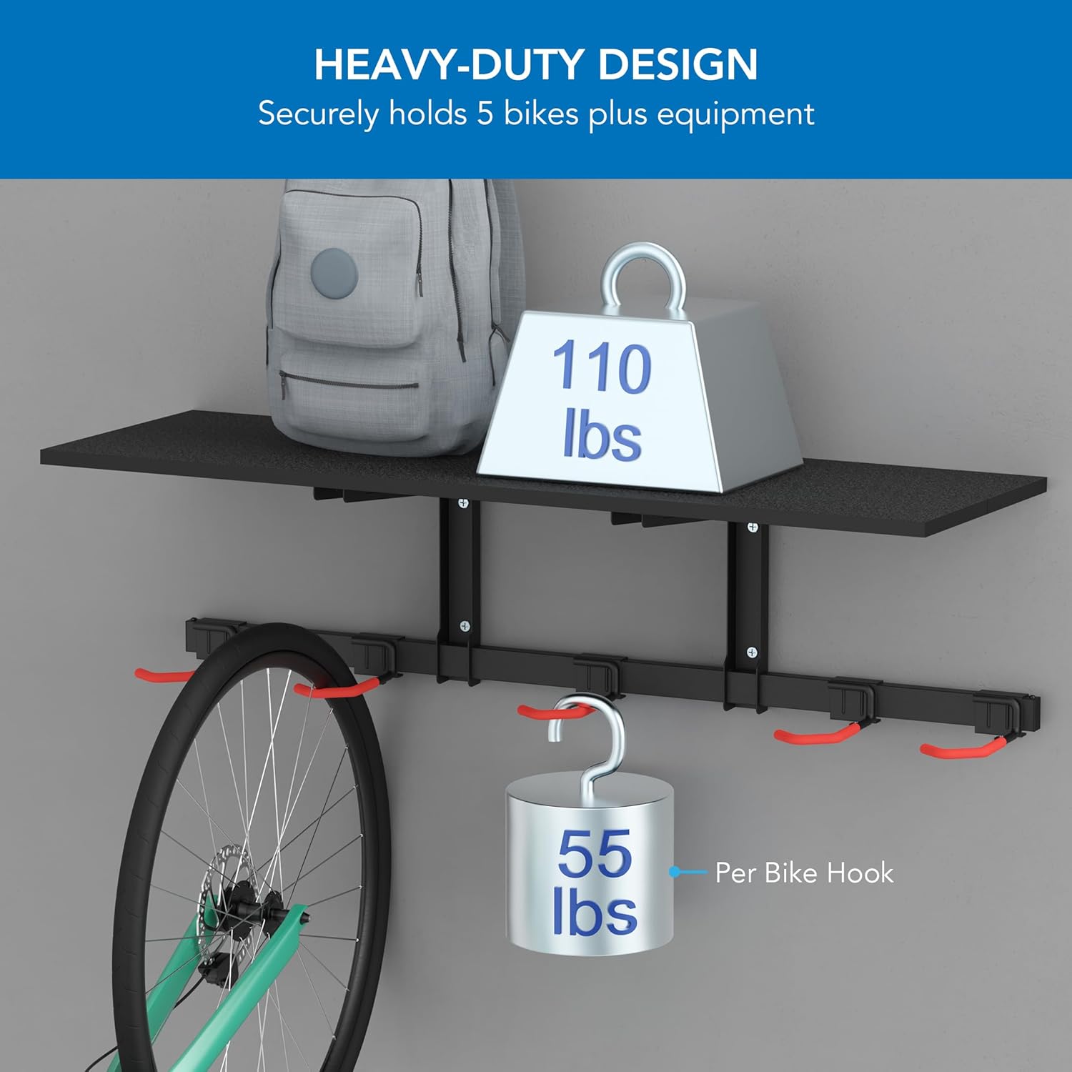 Alternative view of Mount-It! WheelsUp Bike Storage Rack with Shelf | Wall Mounted Garage Organizer Holds 5 Bikes | Adjustable Padded Hooks, Max Capacity 385 lbs | Space-Saving Solution