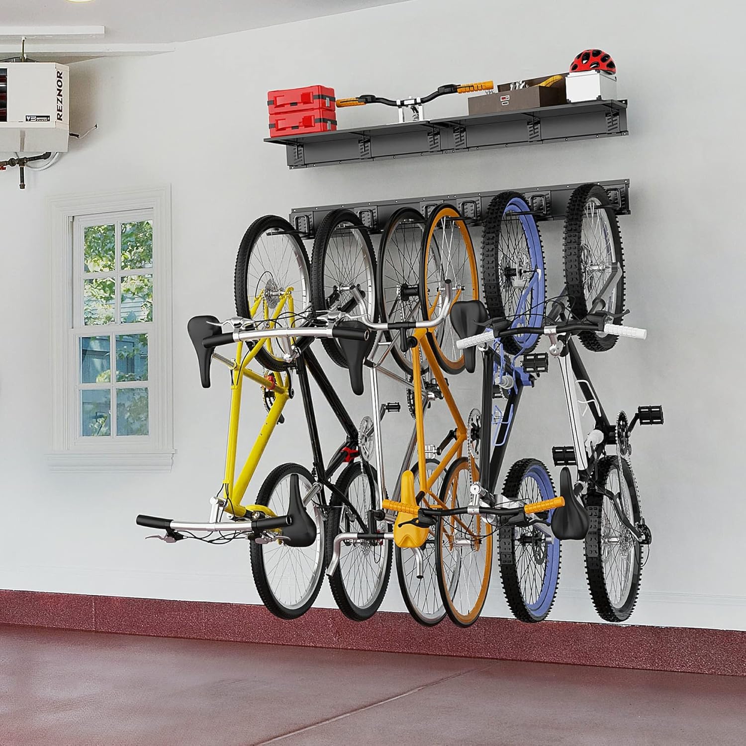 TORACK Wall Mounted Bike Storage Rack with Shelf, 6 Bikes Hangers for Garage, Space Saving Bike Rack Wall Mount, Holds Up to 600 lbs