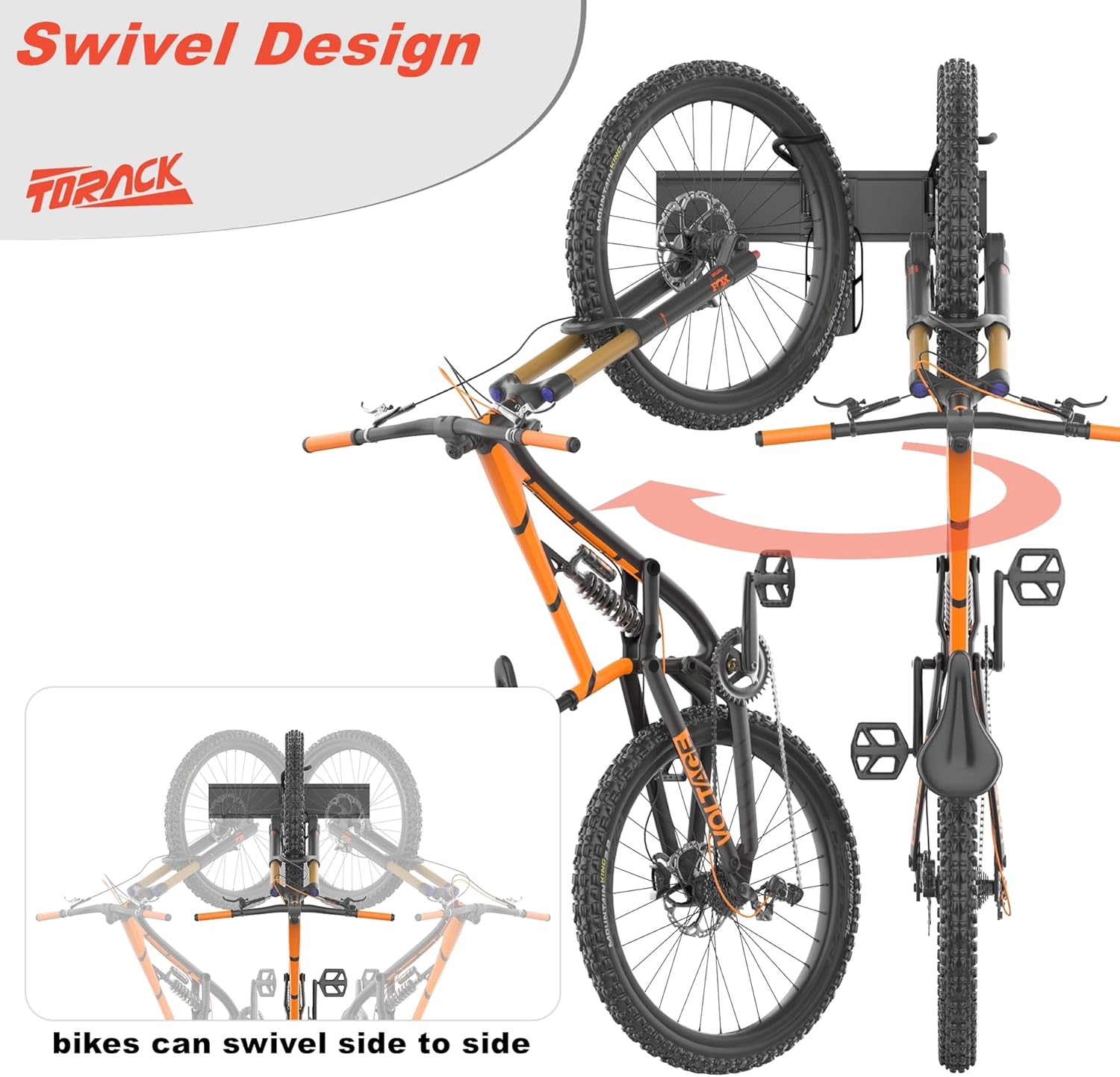 TORACK Wall-Mounted Swivel Bike Rack, Garage Vertical Bike Hangers for 3 Bikes and 3 Helmets Rotating Bike Storage Hooks Holds Up to 300 lbs - Image 3