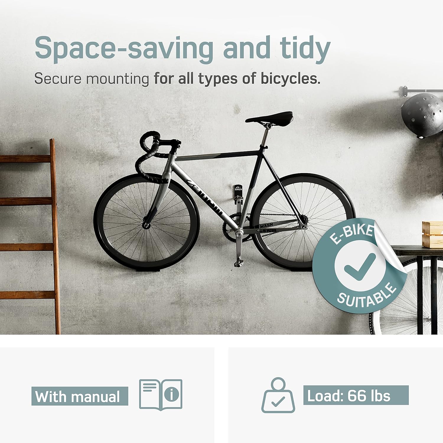 Borgen Bike Wall Mount Pedal Hook for E-Bikes, MTB & Road - Bicycle Wall Mount with Support Brackets and Wall Protection Pads, Suitable as Bike Rack Garage Bike Storage Shed and Bicycle Storage Indoor