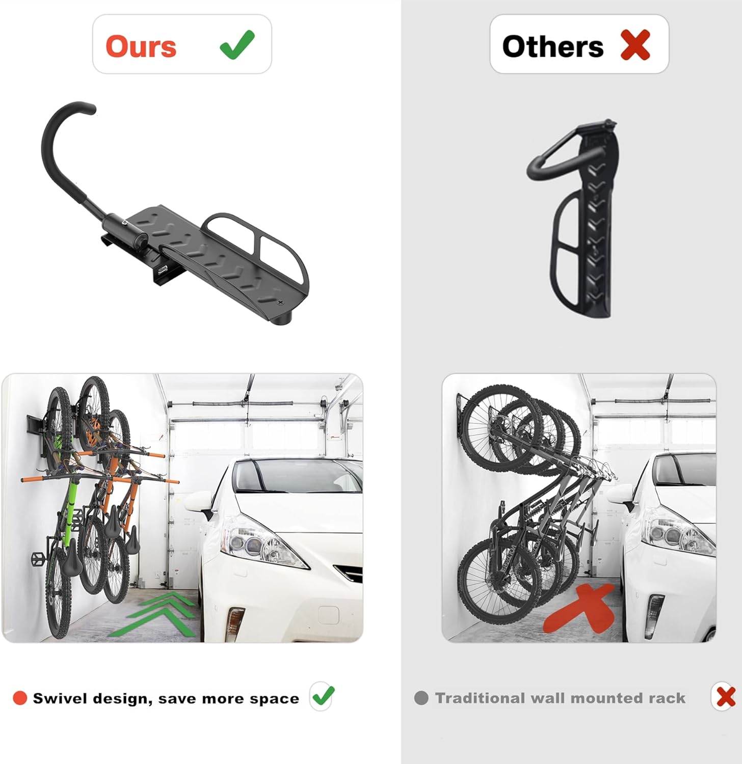 TORACK Wall-Mounted Swivel Bike Rack, Garage Vertical Bike Hangers for 3 Bikes and 3 Helmets Rotating Bike Storage Hooks Holds Up to 300 lbs - Image 6