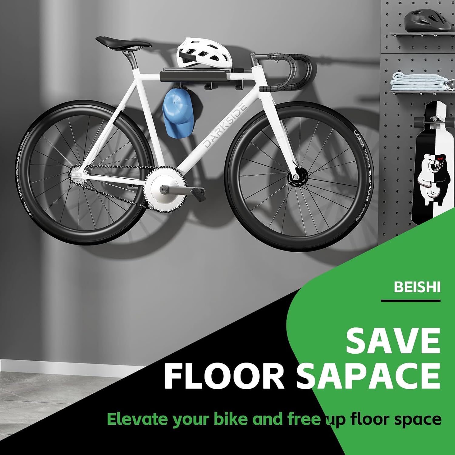 BEISHI Bike Wall Mount Rack Indoor Bike Storage Garage Bike Rack Wall Mount with Shelf and Hooks Store Your Helmet and Shoes for a Single Road, Mountain or Other Bicycle (Fit Crank Bicycle) - Image 3