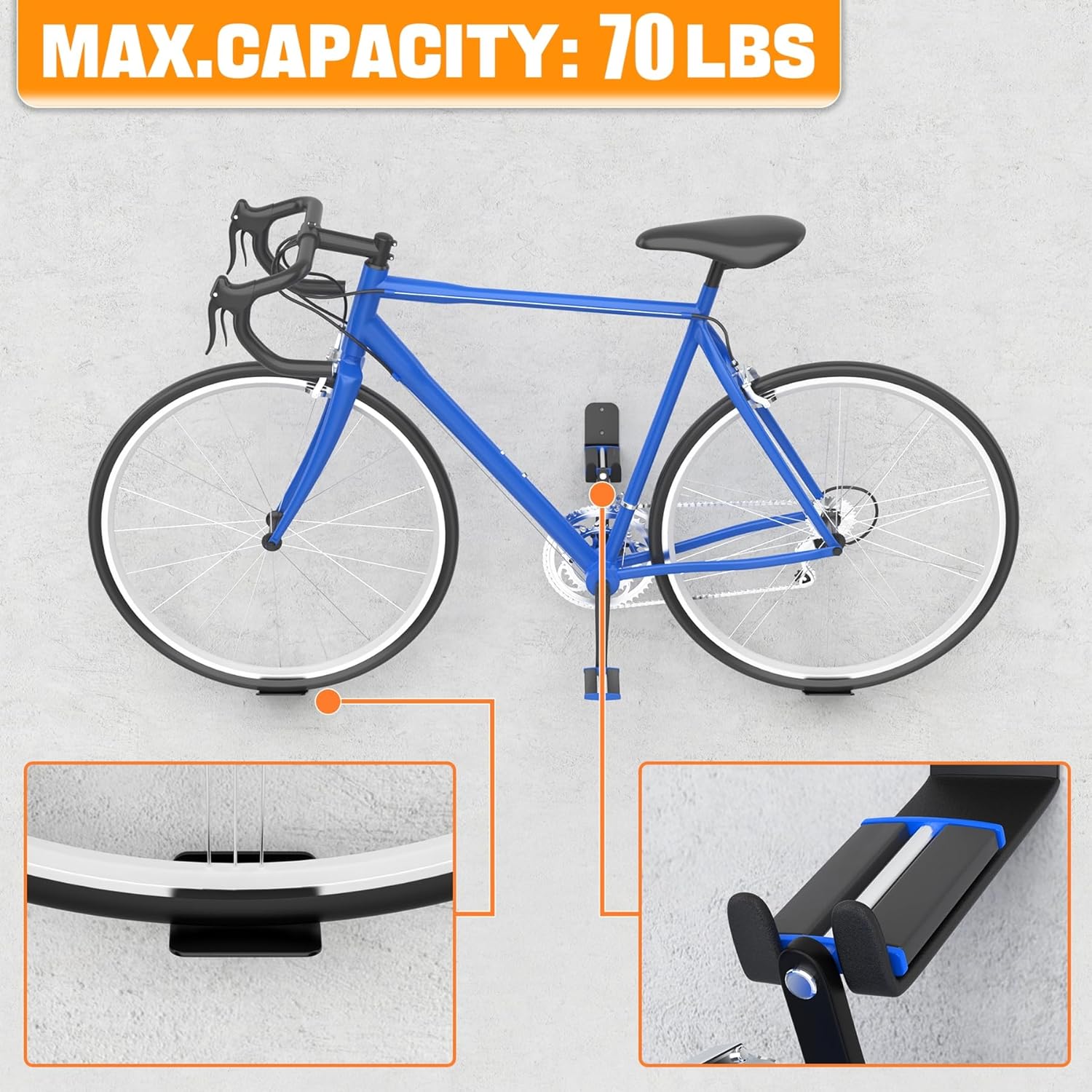 Alternative view of TORACK Wall-mounted Bike Pedal Hanger, Heavy Duty Horizontal Bike Rack for Garage Wall, Bike Display Stand for Wall, Holds Up to 70 lbs(Pack of 3)