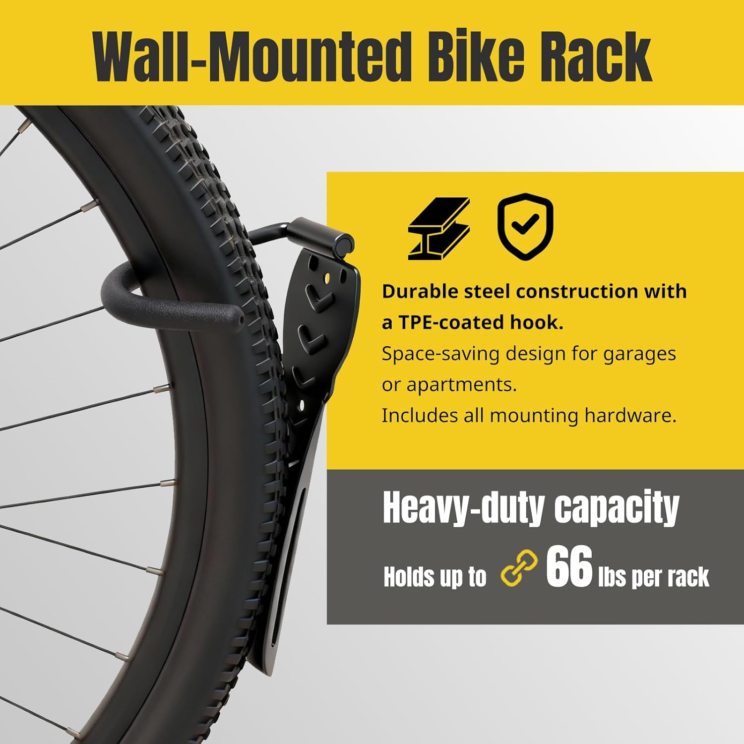 Alternative view of MaxxHaul 51186 Wall-Mounted Bike Rack – Heavy-Duty Steel Bicycle Hanger with TPE Hook – 66 lb Capacity, Space-Saving Vertical Storage for Garage or Apartment – Includes Mounting Hardware