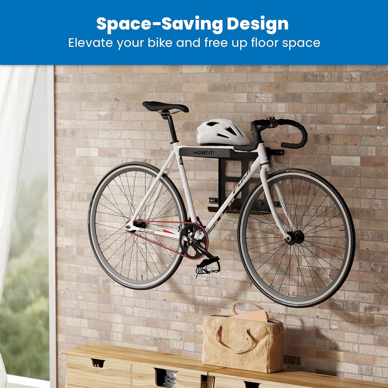 Alternative view of Mount-It! Bike Wall Mount Rack with Shelf and Hooks, Horizontal Indoor Bike Rack Garage Home, Space Saving Wall Mounted Hanger for a single Road, Mountain or other Bicycle with Extra Storage, Black