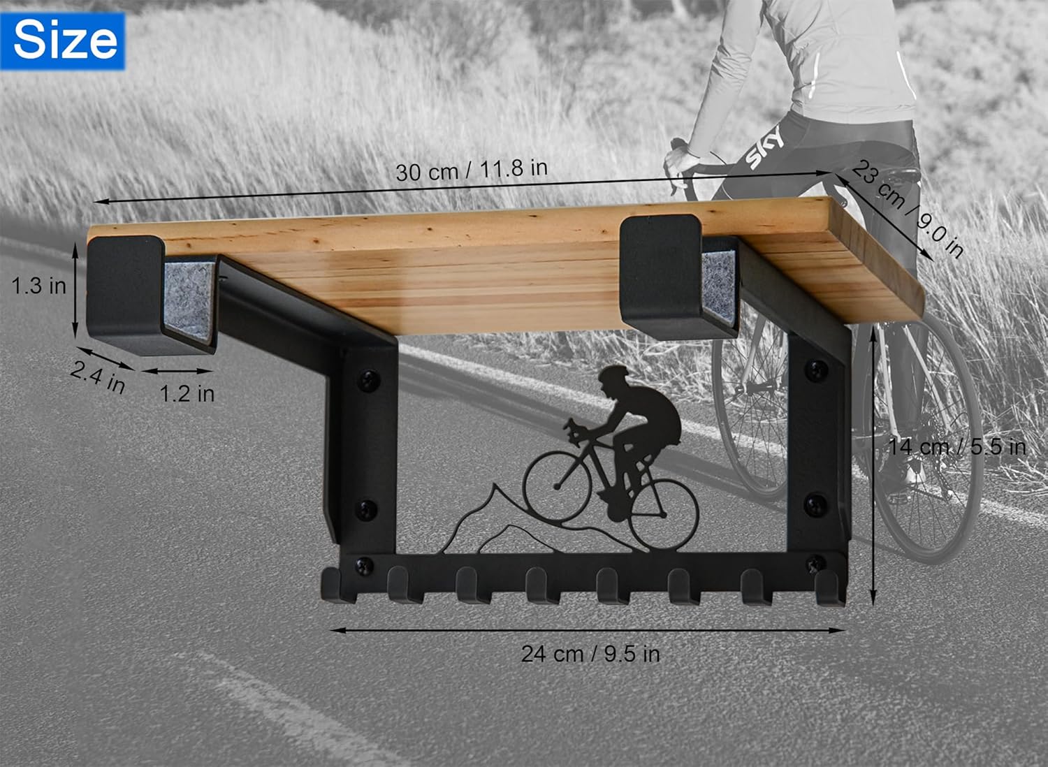 Bike Rack Wall Mount with Shelf and 8 Hooks Offer Horizontal Indoor Bike Storage for Sheds Garages. Wooden Bike Rack Bracket for Road, Mountain, Travel Bicycles, Maximizing Space