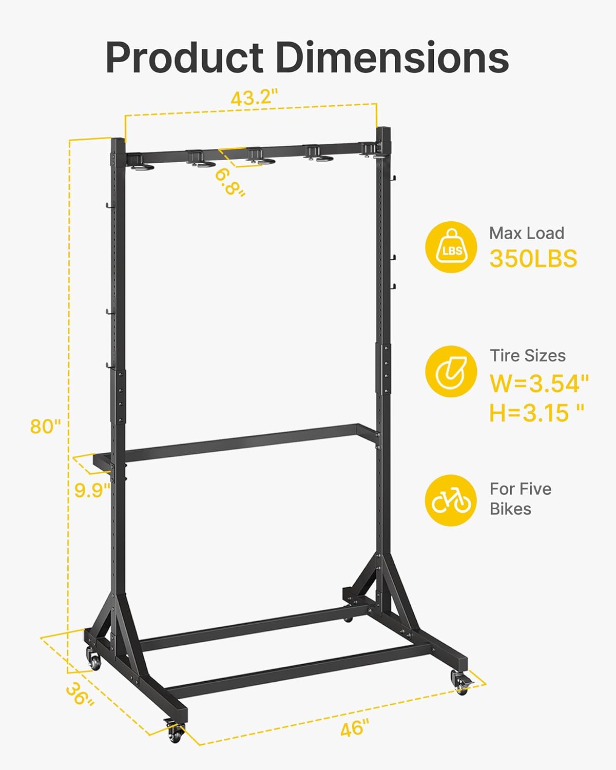 monTEK Freestanding Bike Storage Rack for 5 Bikes, Heavy Duty 350LBS Vertical Bike Stand with 5 Bike Hooks & 6 Helmet Hooks, Indoor and Outdoor Bike Storage Rack with Locking Casters
