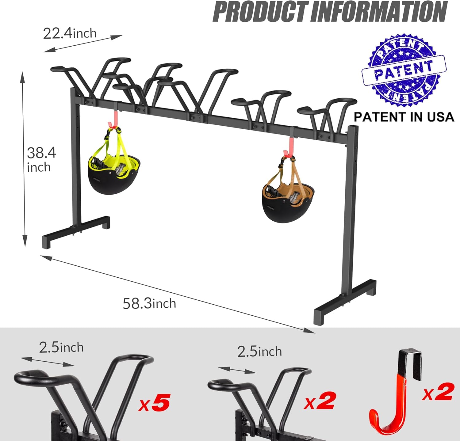 Sttoraboks 5 Bikes Floor Stand, Adjustable Bicycle Parking Rack with Hook for Garage, Indoor, Outdoor, Free Combination Bike Storage Cycle Rack for Mountain, Road and Kids Bikes, Max Tire Width 2.5u201D