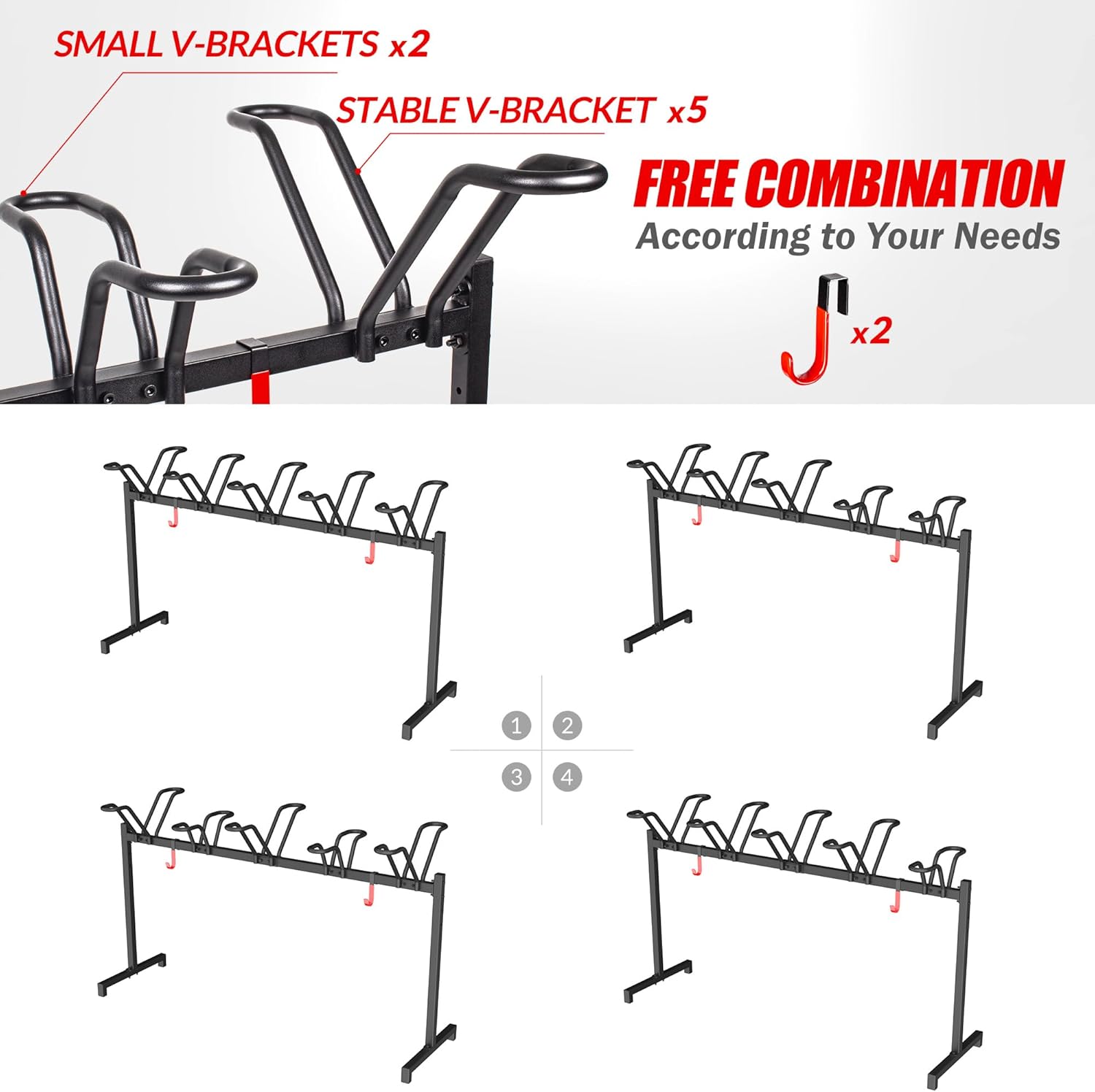 Alternative view of Sttoraboks 5 Bikes Floor Stand, Adjustable Bicycle Parking Rack with Hook for Garage, Indoor, Outdoor, Free Combination Bike Storage Cycle Rack for Mountain, Road and Kids Bikes, Max Tire Width 2.5u201D