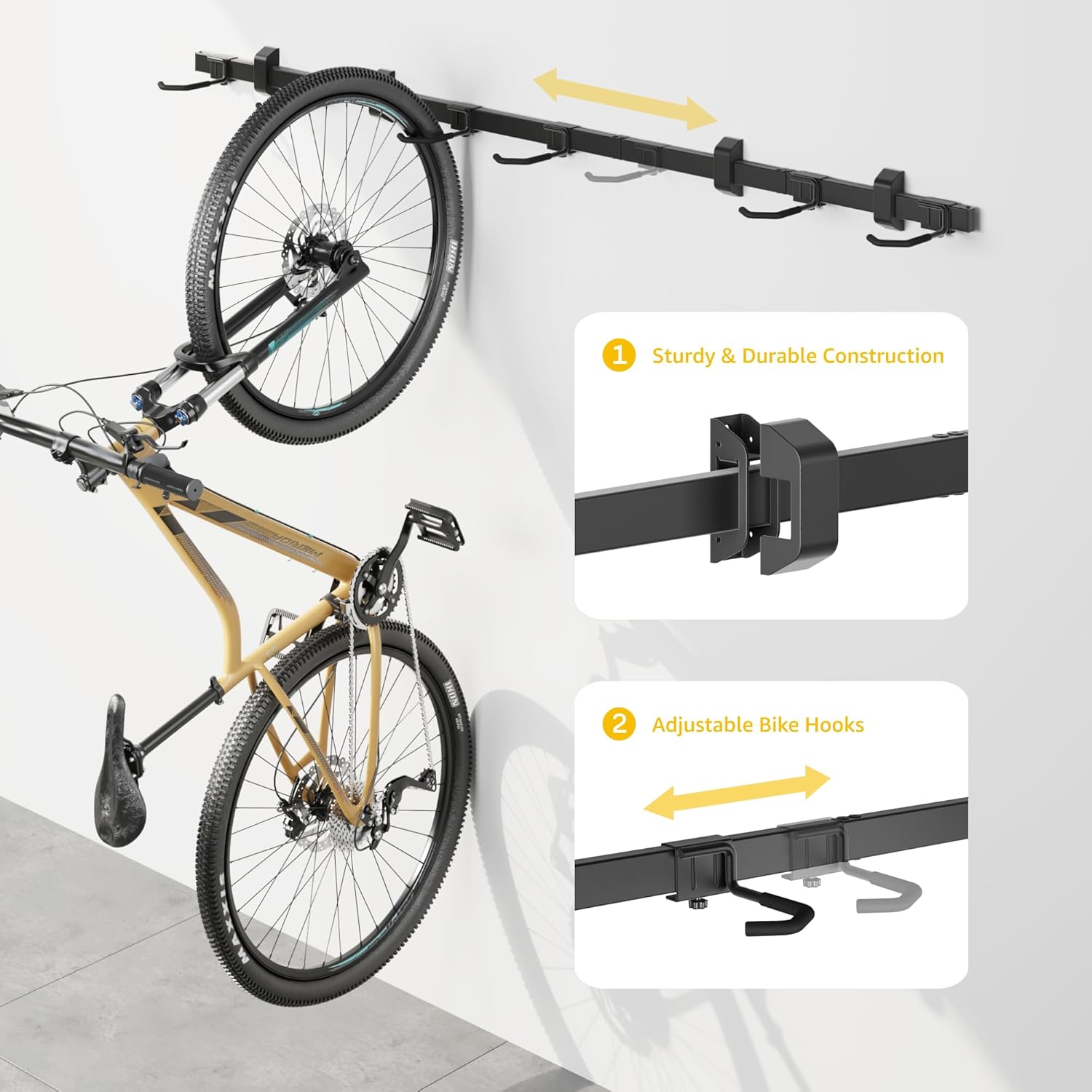 monTEK Enhanced Garage Bike Rack, Adjustable 6 Bike Hangers for Garage, Equipped with 78.5in Extended Rail to Accommodate Various Bicycle Sizes, Heavy-Duty Steel Bike Wall Mount, Max Capacity 330 lbs - Image 3