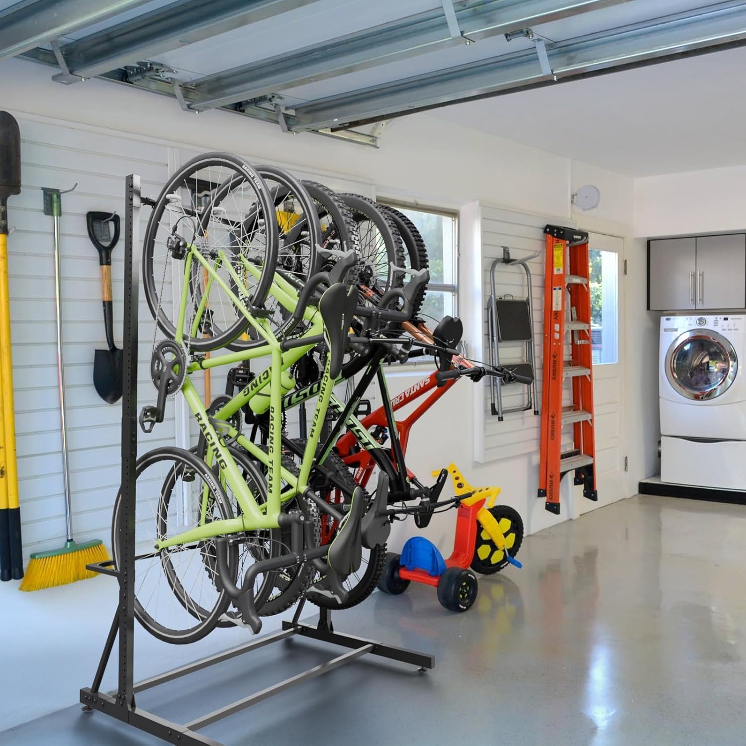 5 Bike Storage Rack, Freestanding Bike Storage, Adjustable Height, Space Saving, Vertical Bike Storage Garage for Front Yards, Backyards, Basements, Storefronts, Workplaces, Up to 300 LBS