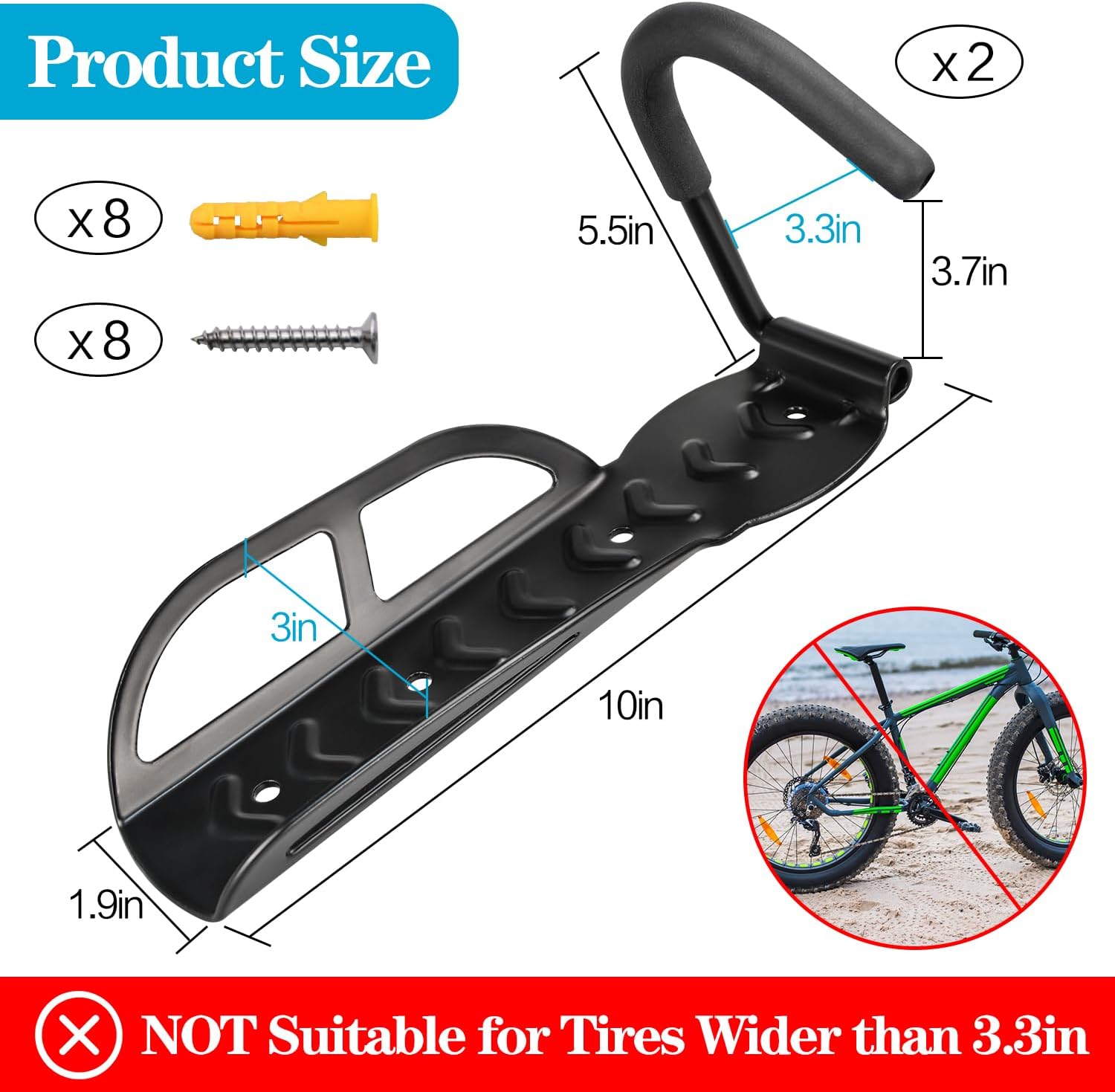 DkOvn 2 Pack Bike Rack Garage Wall Mount, Wall Mount Bike Rack with Screws, Heavy Duty Steel Vertical Bike Hook Holds Up to 66lb for Indoor Storage