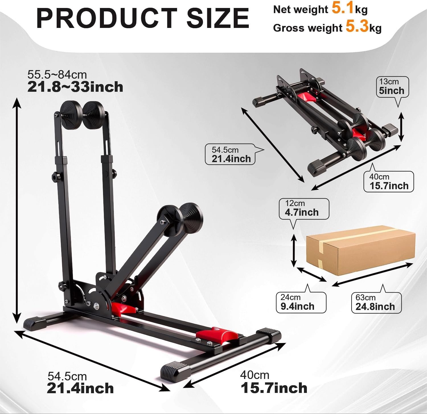 teraysun Bike Stand 2-in-1 Vertical Adjustable - Foldable Indoor/Garage Rack, Space Saving Upright Parking, Fits 20"-29" Mountain & Road Bikes, Scratch-Proof Tire Trays Included