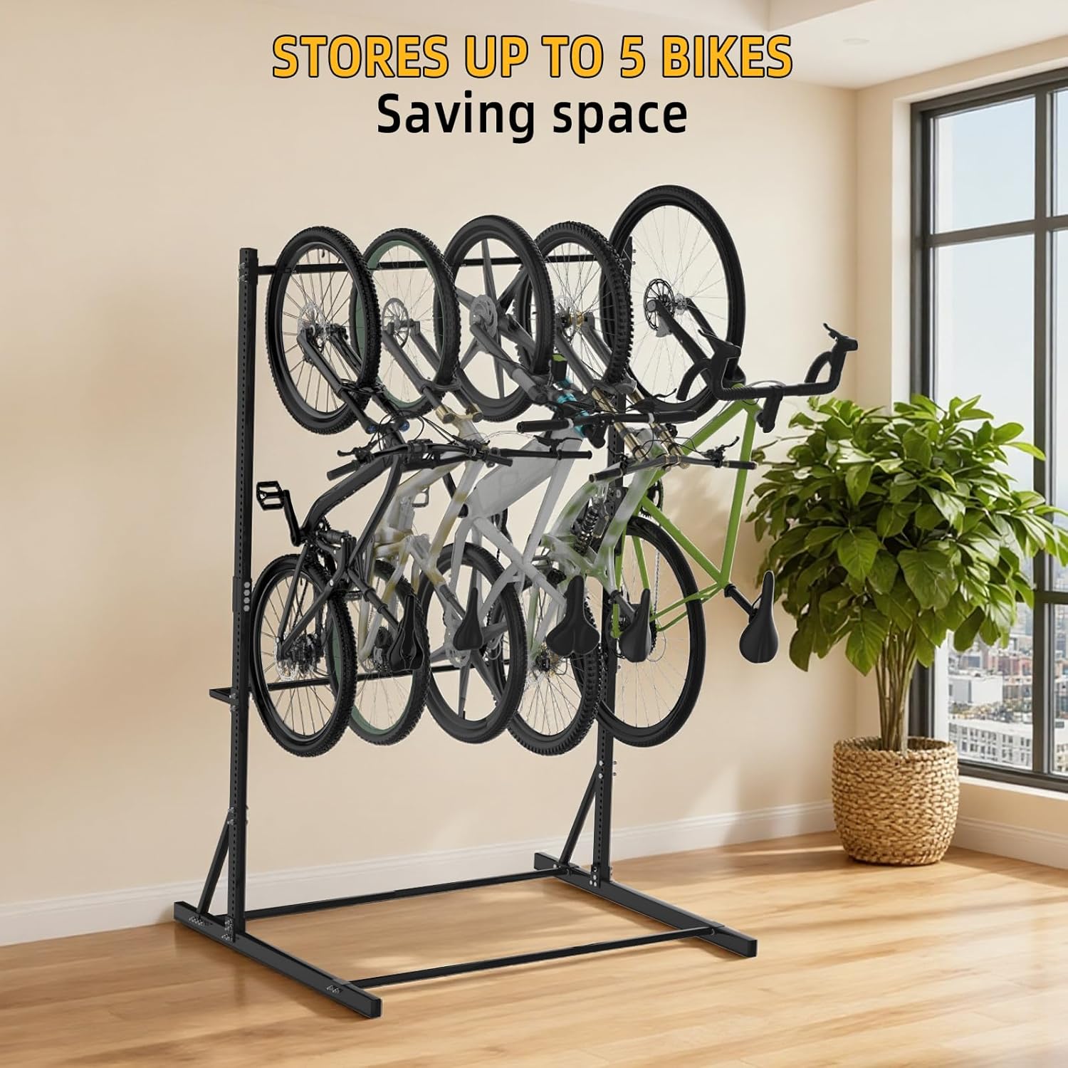 Alternative view of FAHKNS Freestanding Bike Storage Rack, 5 Bikes Vertical Bike Storage Rack, High-adjustable Heavy Duty Bike Stand for Garage