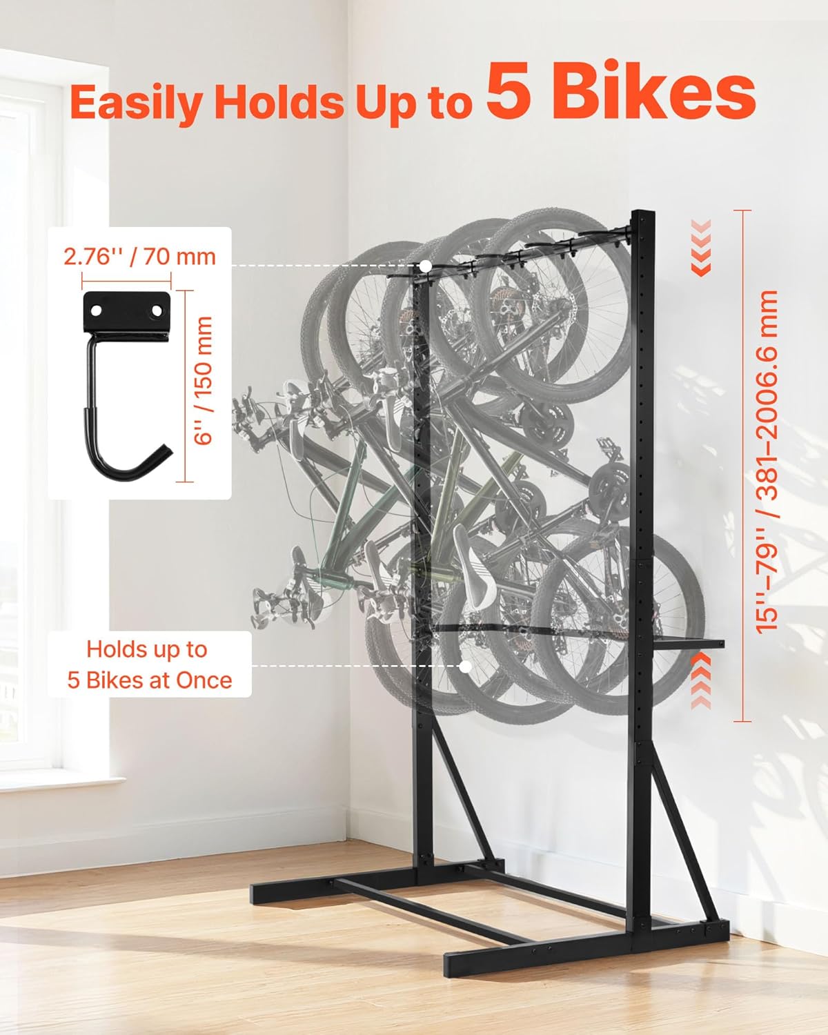 Alternative view of VEVOR Bike Rack, 300LBS/136KG Capacity for up to 5 Bikes, Freestanding Bike Storage Rack, Carbon Steel Vertical Bicycle Stand for Home, Yard, Garage, Living Room, Indoor/Outdoor Bicycle Storage Stand