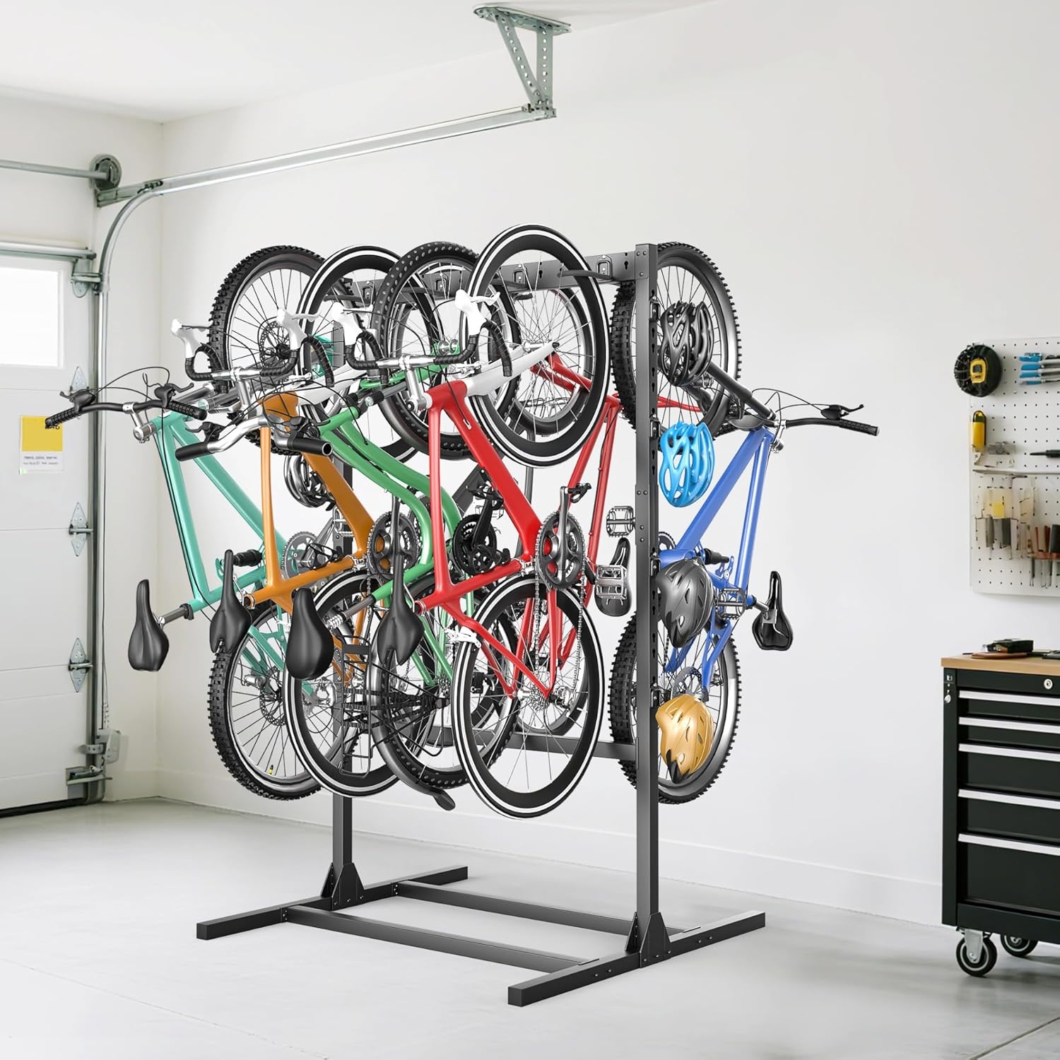 TORACK Freestanding Bike Storage Stand for Garage, Heavy Duty 7 Bikes and 7 Helmets Vertical Bike Storage Stand Floor Bikes Storage Rack