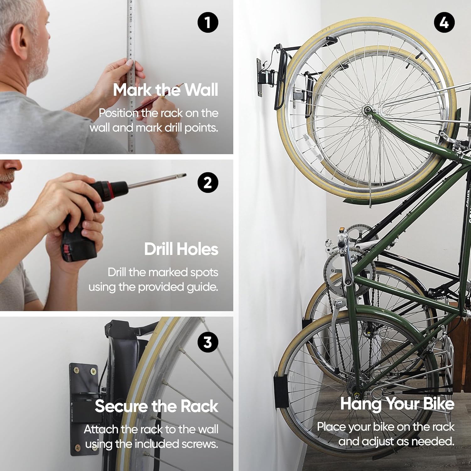 Alternative view of Olivia and Lily Wall-Mounted Bike Rack – Vertical Swivel Hanger for Garage & Home, Space-Saving Heavy-Duty Steel Hook, Holds Up to 50 lbs, Black Vertical Bike Storage Mount