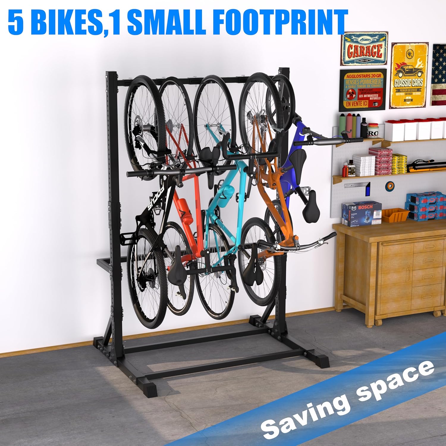 Alternative view of Freestanding Vertical Bike Rack for 5 Bikes, 300Lbs Heavy Duty Steel Storage Stand, Space Saving Adjustable Organizer for Garage & Home