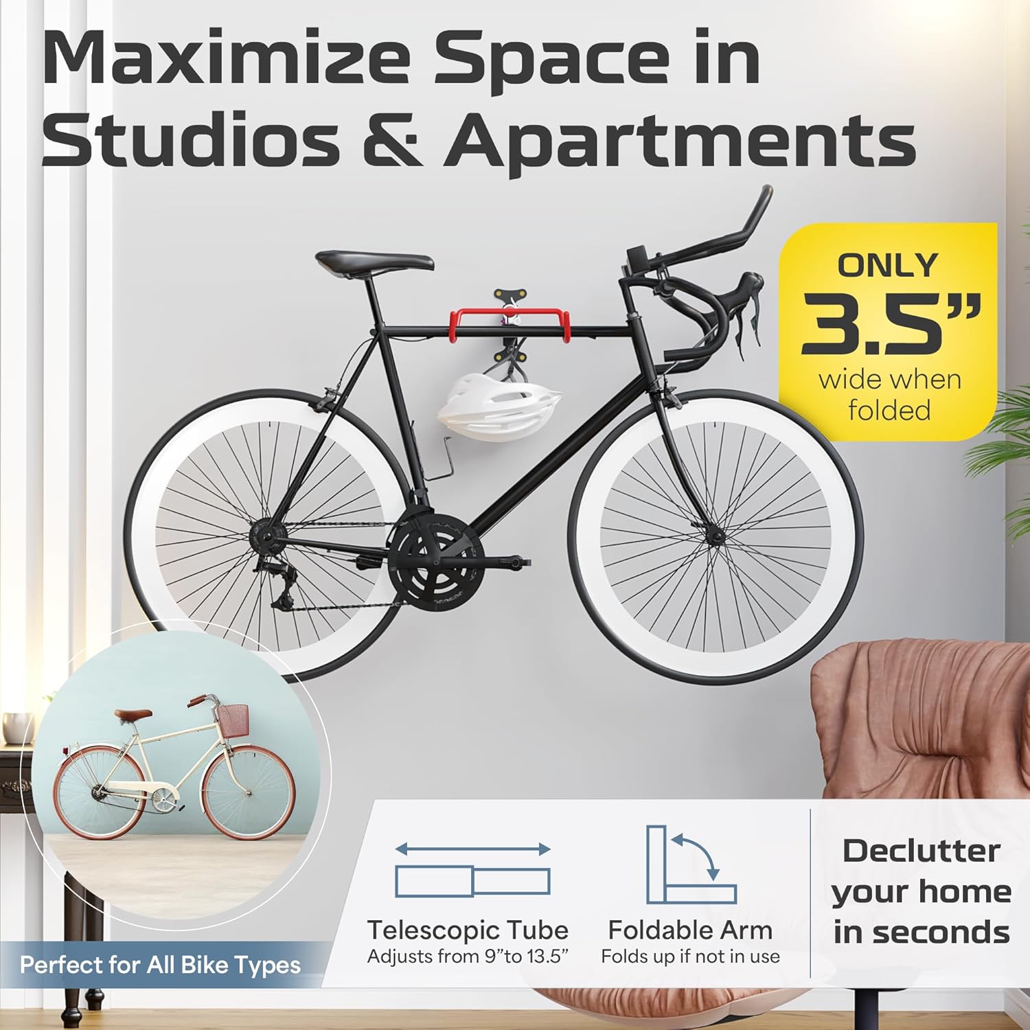 2 Pack Wall Mount Bike Rack Garage - Mountain Bike Wall Mount Horizontal Vertical Design with 66lbs Cap, Screws, Installation Manual - Secure Road Cycling Holder Storage, Bicycle Hanger for Home