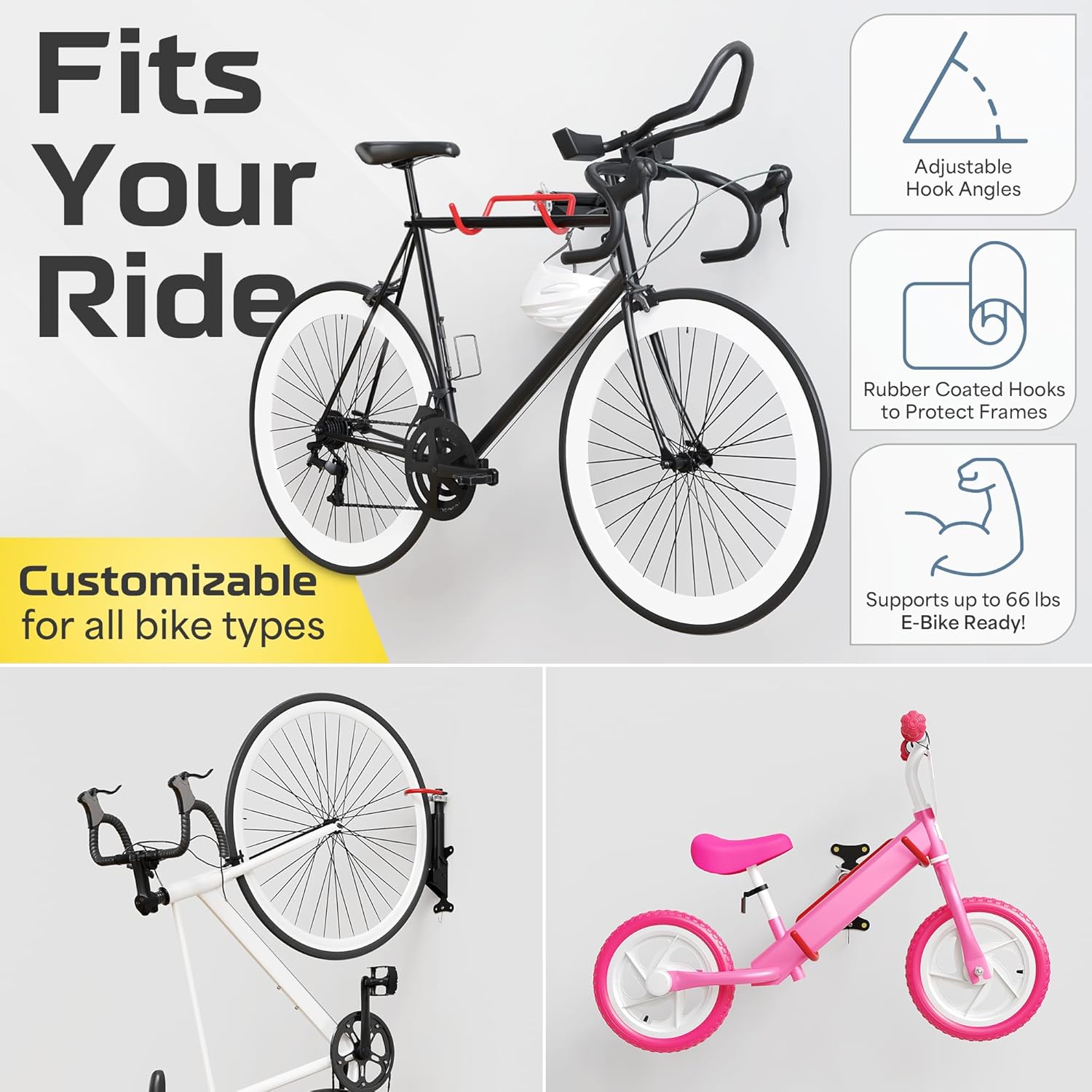 Alternative view of 2 Pack Wall Mount Bike Rack Garage - Mountain Bike Wall Mount Horizontal Vertical Design with 66lbs Cap, Screws, Installation Manual - Secure Road Cycling Holder Storage, Bicycle Hanger for Home