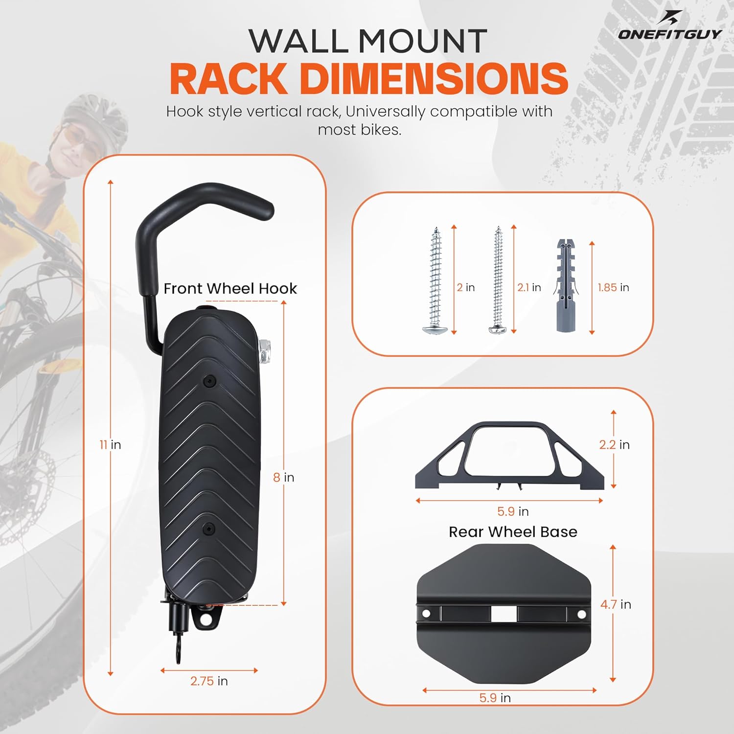 ONEFITGUY Foldable Bike Rack 1-Pack, Space Saving Vertical Bike Wall Mount with Adjustable 150° Rotating Hanger, Easy Garage, Indoor, or Shed Installation