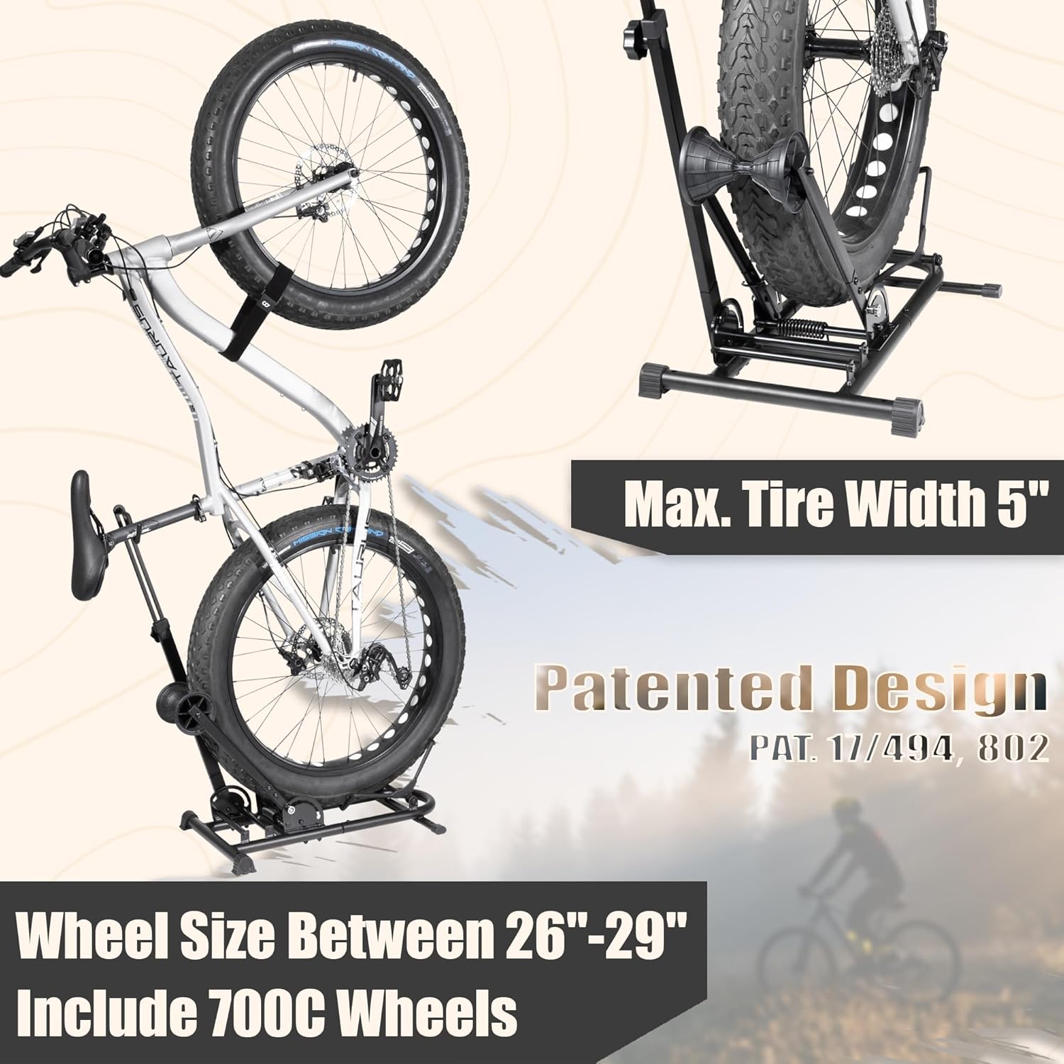 BIKE HAND Vertical Bike Stand - for Fat Bike Snow MTB Road Bikes with Max 5" Tire Width - Vertical & Horizontal Adjustable Bicycle Parking Rack with Seatpost Stabilizer - Wheel Sizes up to 29"