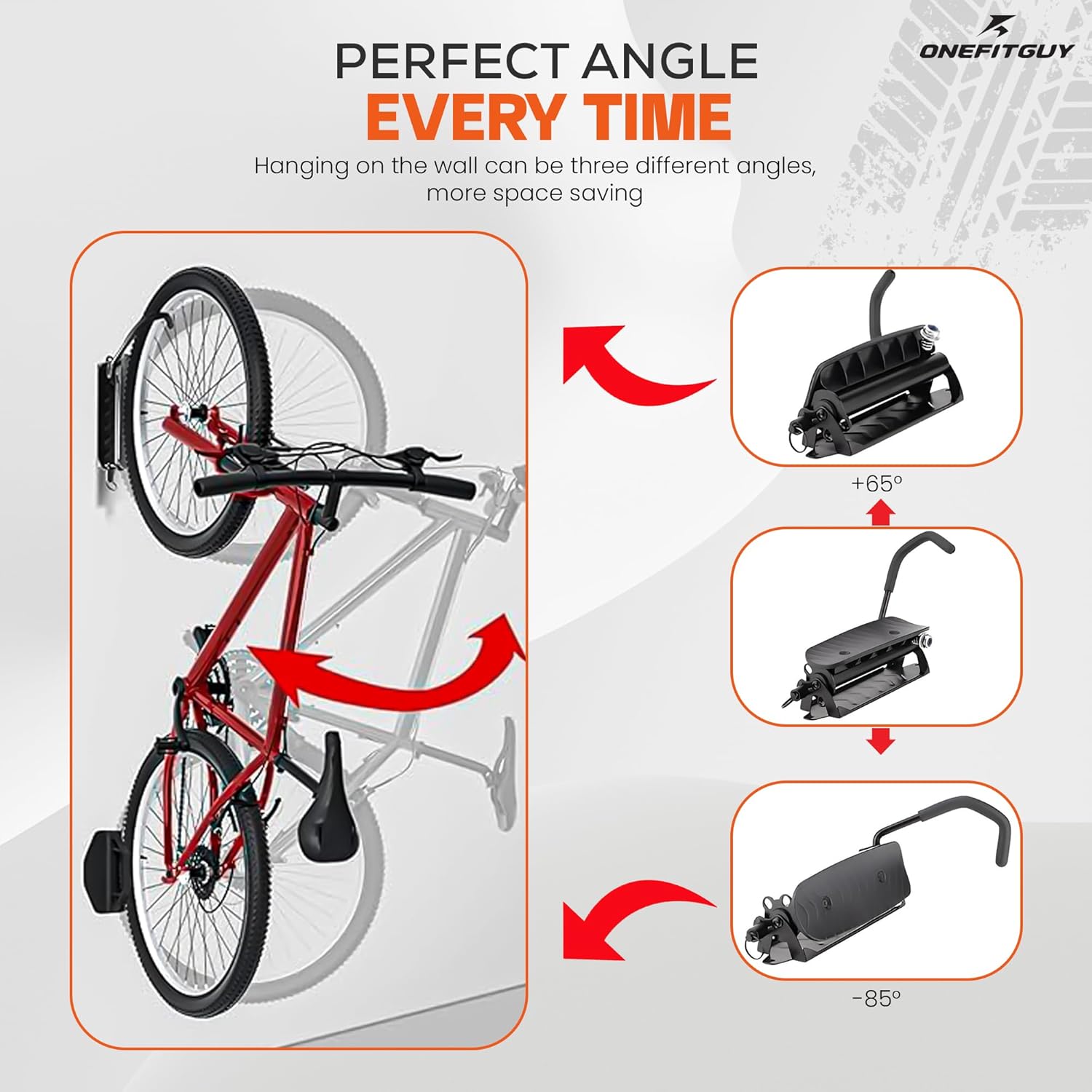 Alternative view of ONEFITGUY Foldable Bike Rack 1-Pack, Space Saving Vertical Bike Wall Mount with Adjustable 150° Rotating Hanger, Easy Garage, Indoor, or Shed Installation