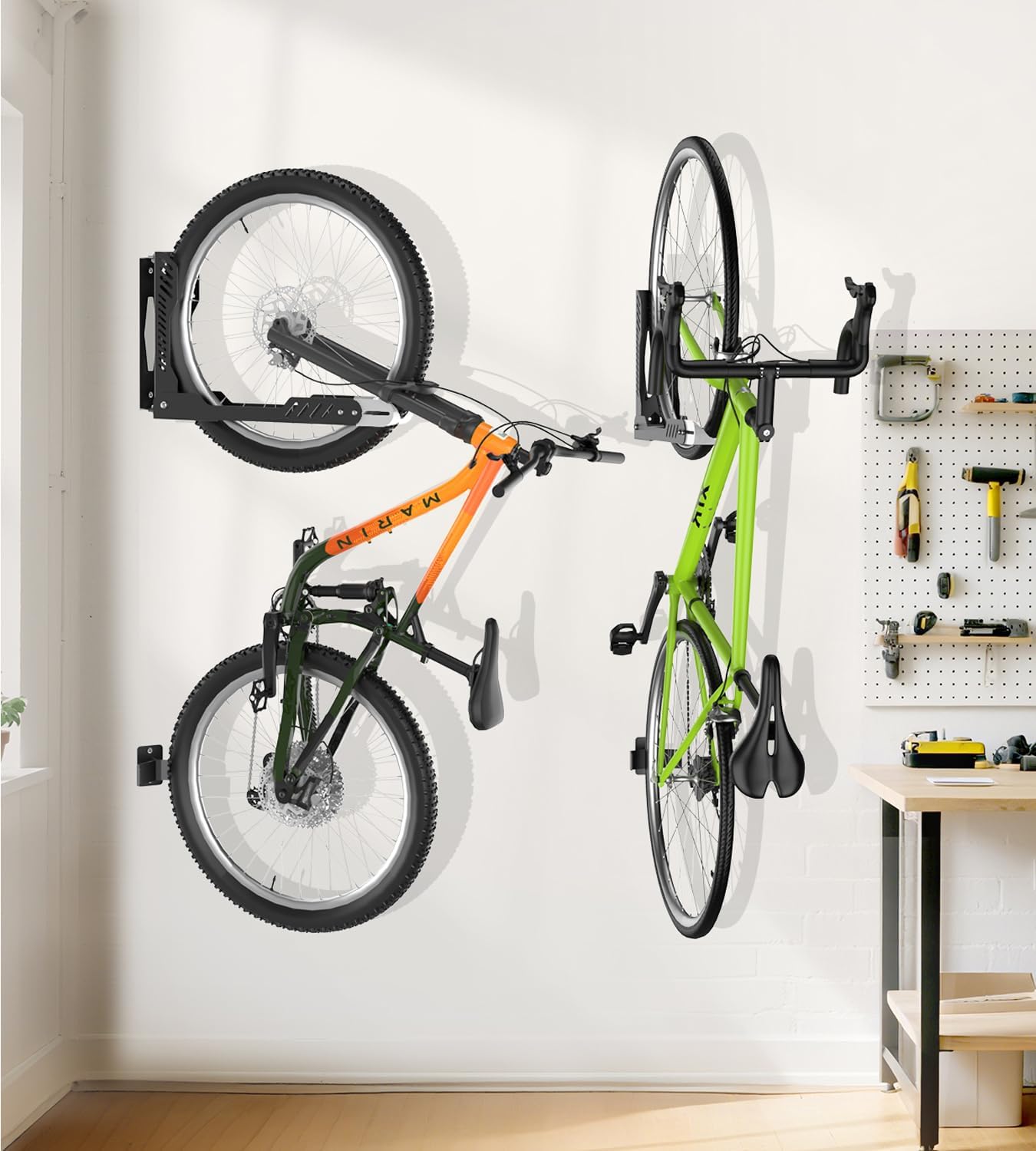 ALIXUEQIN Swivel Bike Wall Mount 2 Pack Bike Rack for Garage, No Heavy Lifting Required Wall Bike Hangers Can Holds up to 77 lbs (Black & White)