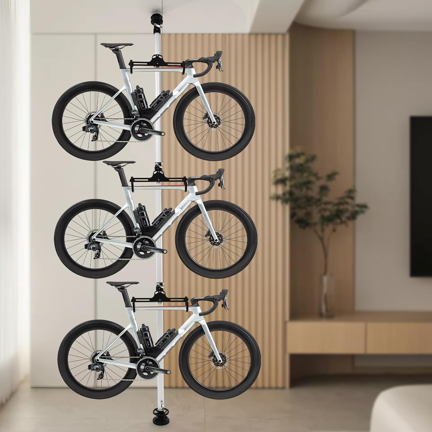 3-Bike Vertical Storage Rack, Adjustable Floor to Ceiling Bike Stand Holder with 3 Hooks, for Mountain Road Kids Bicycles in Garage, Indoor Use, 66 lbs Capacity