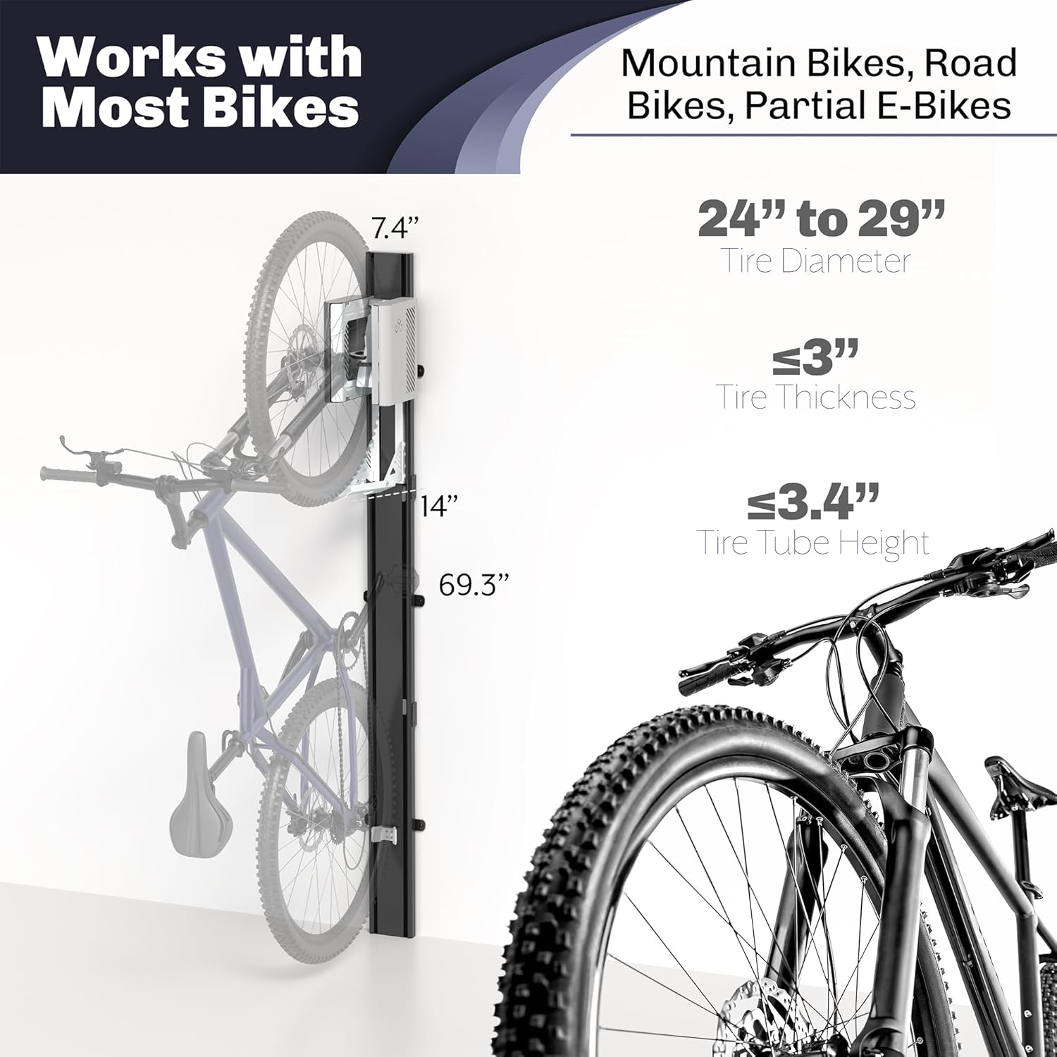 Alternative view of Life Finds Vertical Wall-Mounted Bike Rack with Mechanical Lift, Easy Bicycle Storage, Black, LF-EBR1