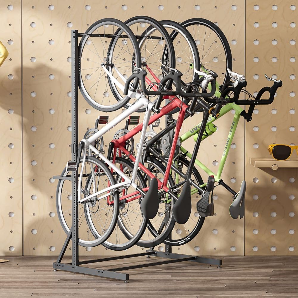 Freestanding Bike Stand for Garage, Hold Up to 4 Bikes Vertical Bike Storage Stand, Bike Storage Racks for Garage Organizer, Indoor and Outdoor Bike Storage Rack