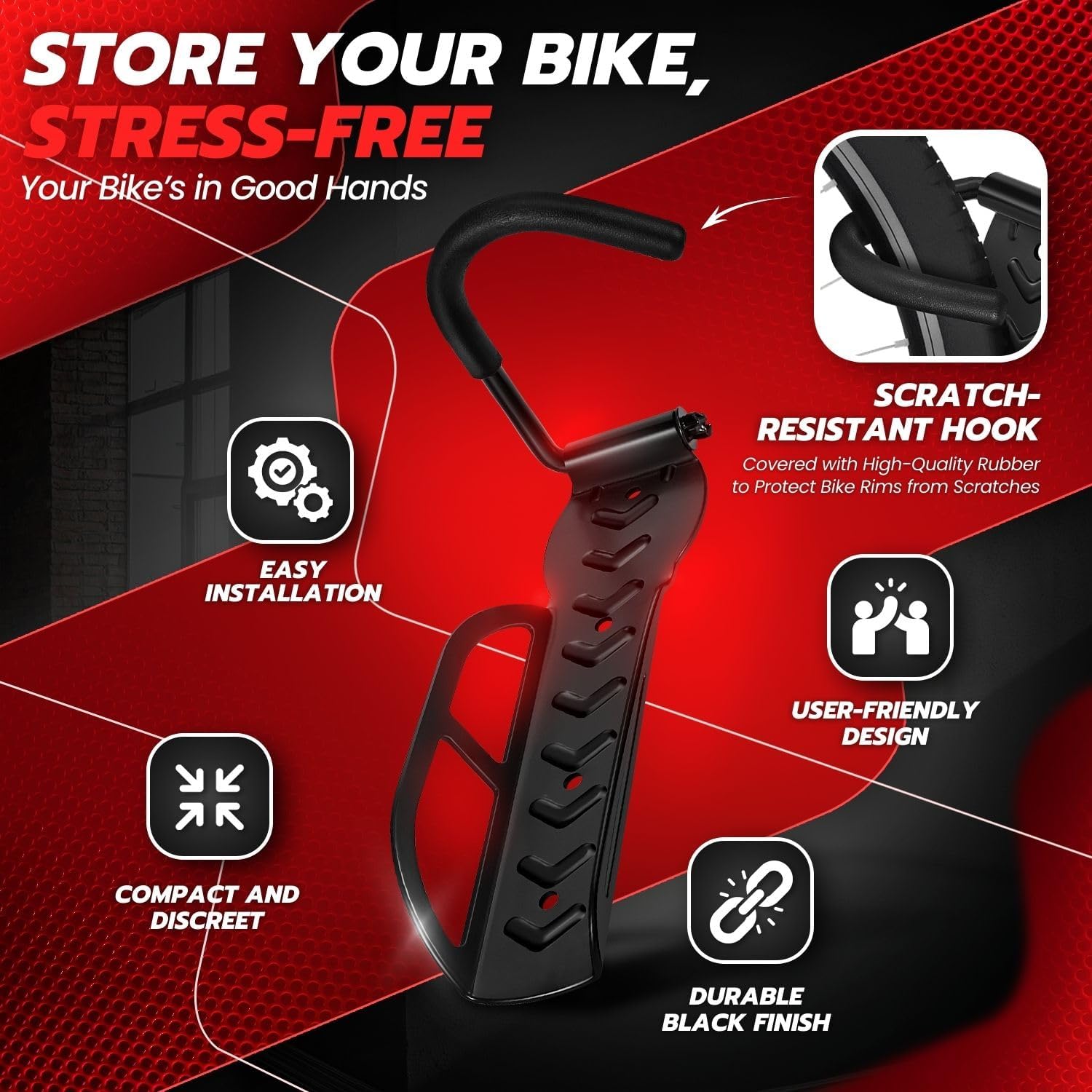 Alternative view of Flexzion Garage Bike Rack Wall Mount (2 Pack) - Vertical Bicycle Rack Hanger Wall Mounted Storage Holder with Screws - Easily Hang/Detach Bike Hooks for Indoor, Apartment, Shed, up to 44lbs(20Kg)