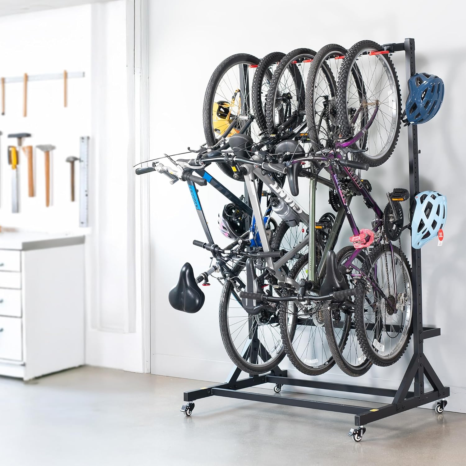 Life Finds Mobile Freestanding Vertical Bike Rack, Indoor Height Adjustable Bicycle Storage with Locking Casters, Fits 5 Bikes, LF-FBSR1