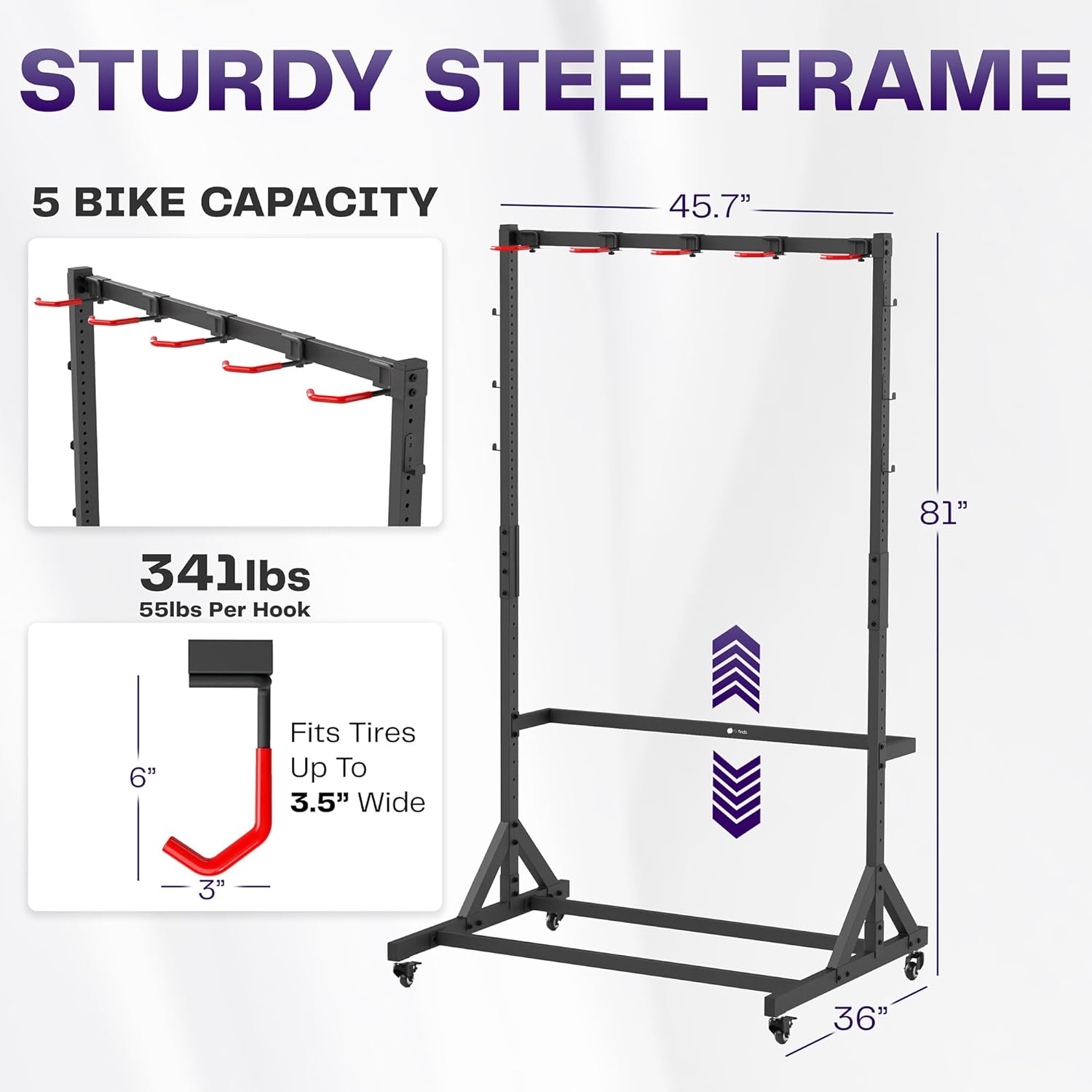 Alternative view of Life Finds Mobile Freestanding Vertical Bike Rack, Indoor Height Adjustable Bicycle Storage with Locking Casters, Fits 5 Bikes, LF-FBSR1
