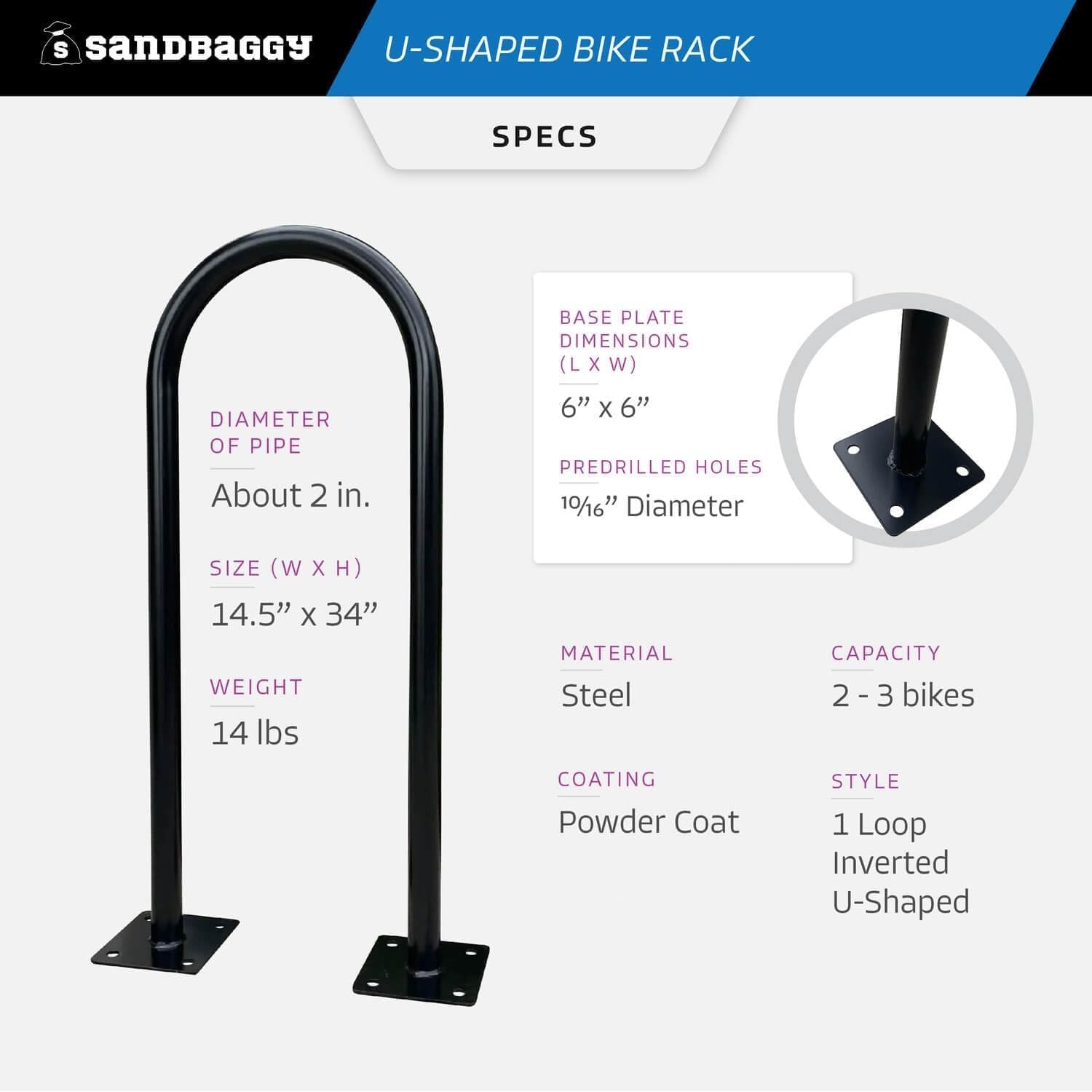 Alternative view of Sandbaggy In Ground Bike Rack | U Shaped, Commercial, Outdoor, 1 Loop, Steel | Black, 14.5" x 34" (1)