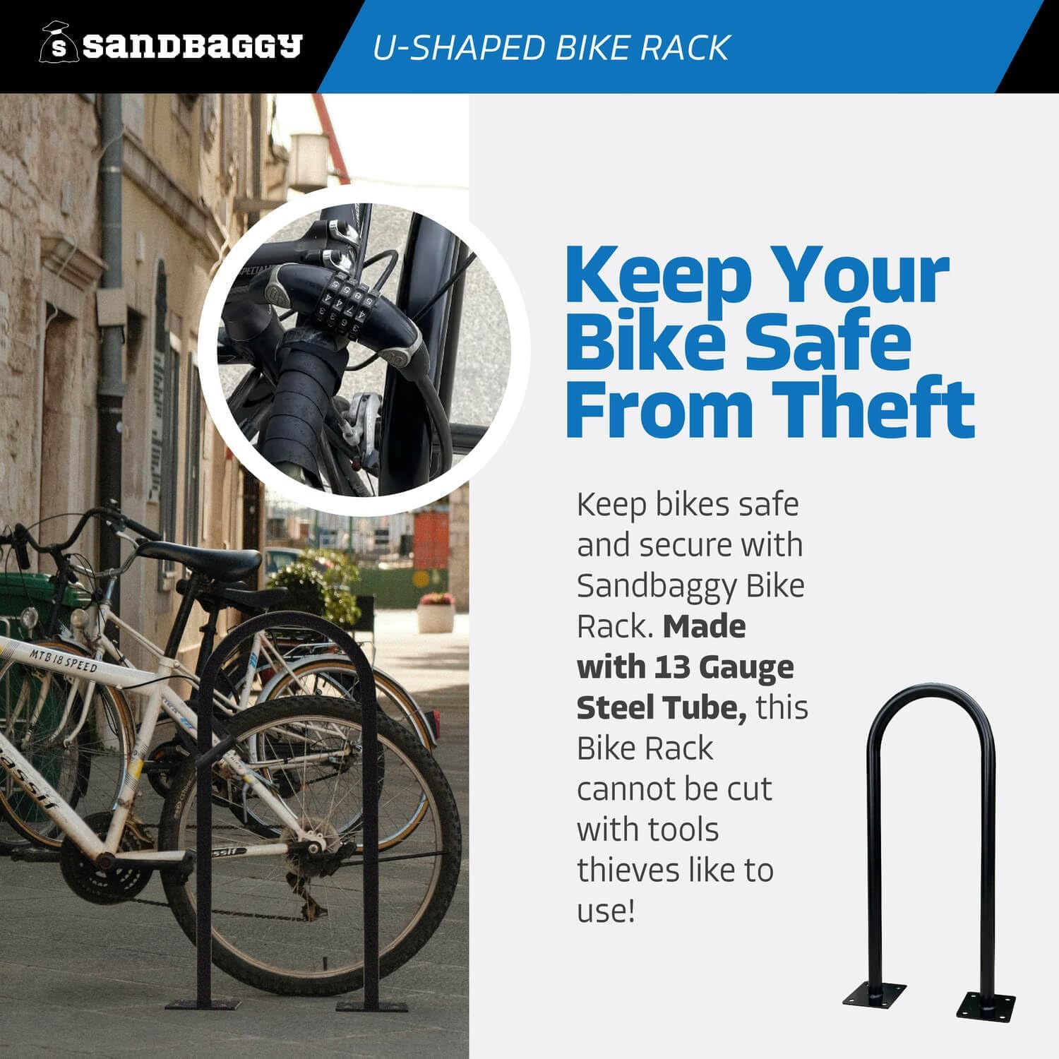 Sandbaggy In Ground Bike Rack | U Shaped, Commercial, Outdoor, 1 Loop, Steel | Black, 14.5" x 34" (1) - Image 4