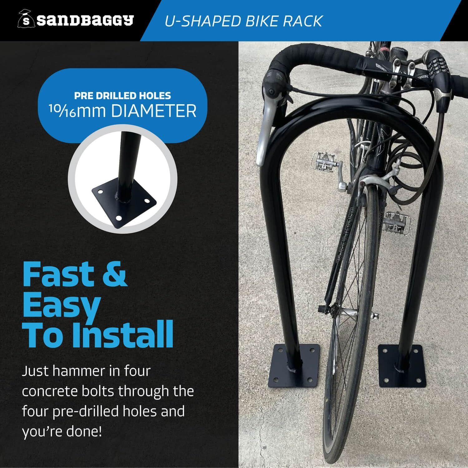 Sandbaggy In Ground Bike Rack | U Shaped, Commercial, Outdoor, 1 Loop, Steel | Black, 14.5" x 34" (1) - Image 6