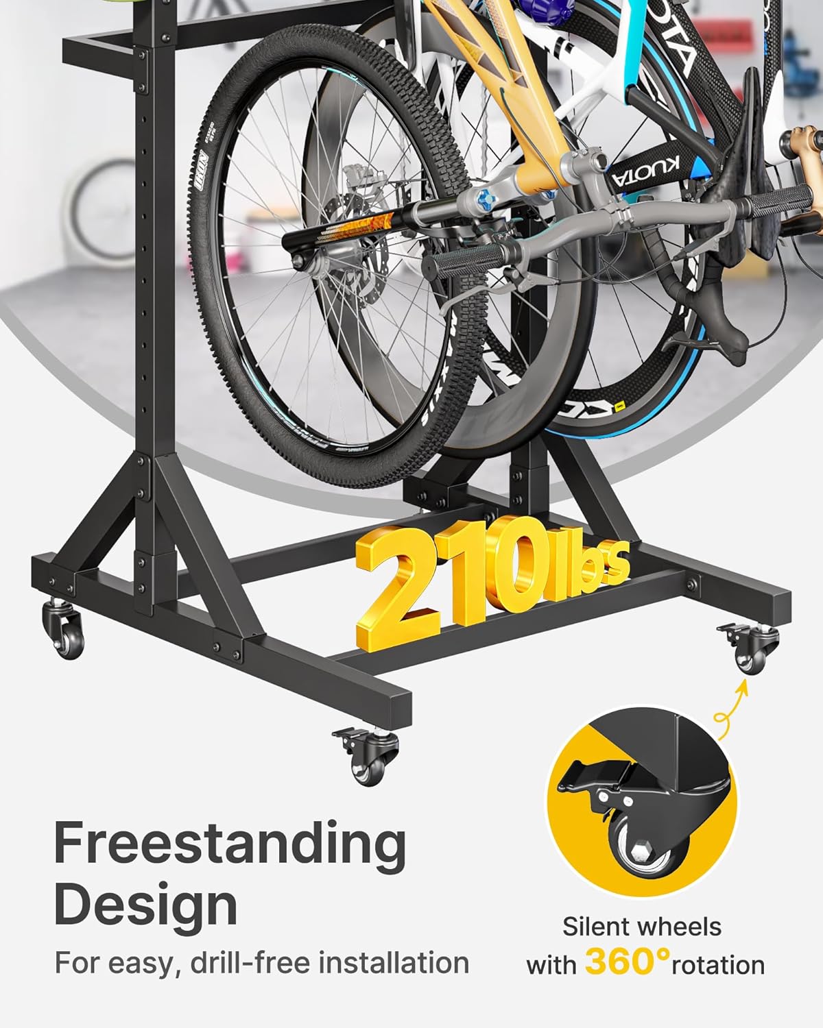 monTEK Freestanding Bike Storage Rack for 3 Bikes, Heavy Duty 210LBS Vertical Bike Stand with 3 Bike Hooks & 4 Helmet Hooks, Indoor and Outdoor Bike Storage Rack with Locking Casters